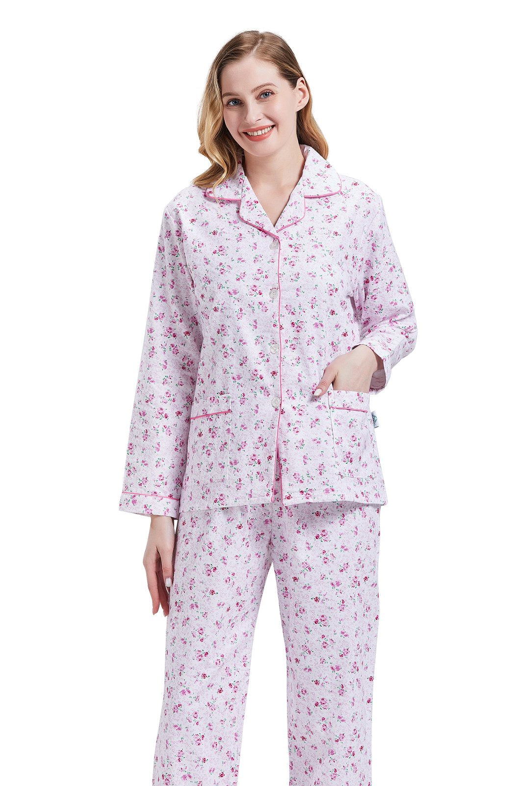 GLOBAL Womens Cotton Flannel Pajama Set - Cozy Winter 2-Piece Loungewear with Button-Down Top & Pants, Size S-3XL