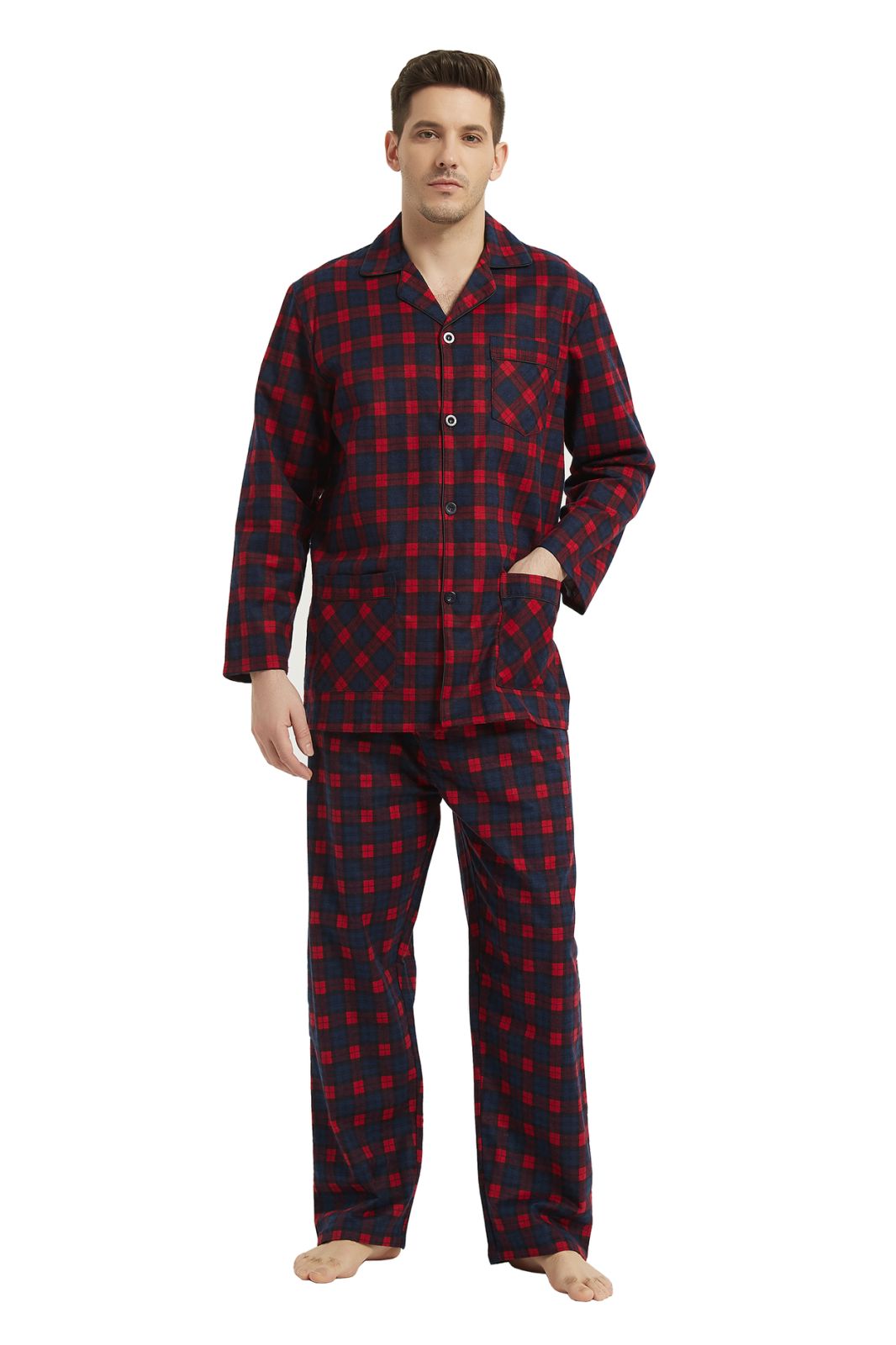 Amaxer Mens Cotton Flannel Pajama Set, Long Sleeve Button‑Down Top & Elastic Waist Long Pants, Breathable Sleep Loungewear, Size M
