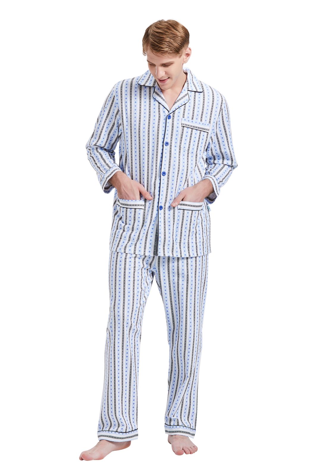 GLOBAL Men's Pajamas Sets 100% Cotton Flannel Sleepwear Long-Sleeve Top & Bottom