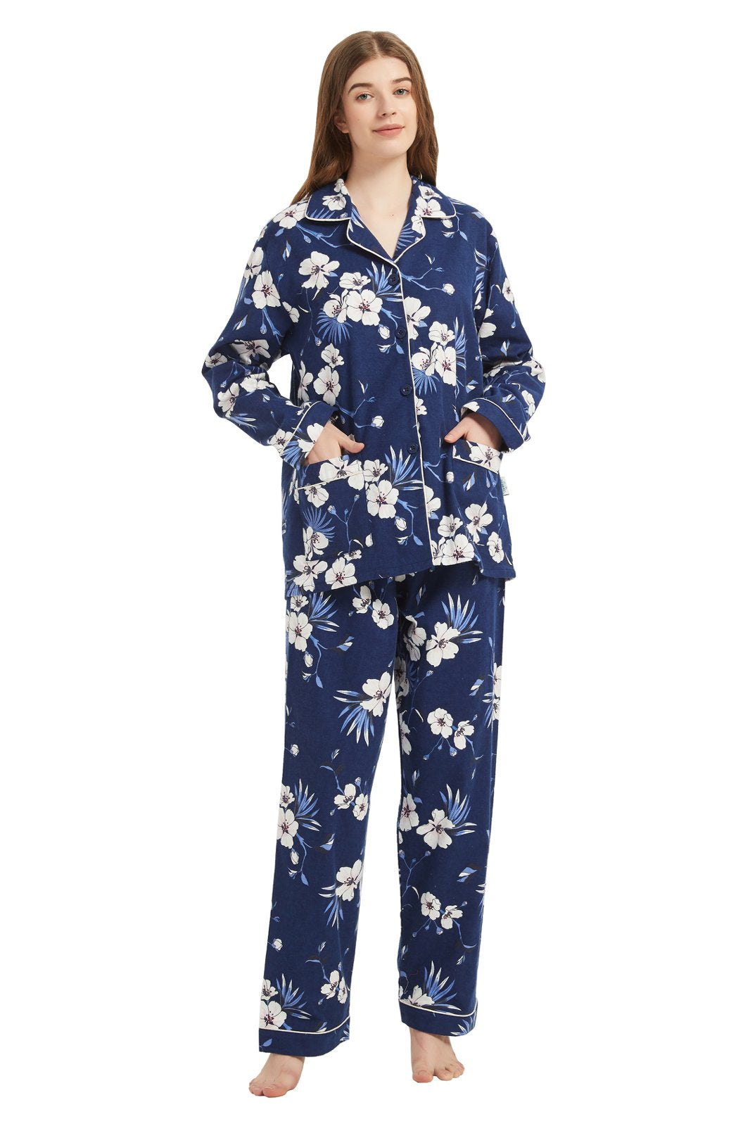 GLOBAL Womens Cotton Flannel Pajama Set - Cozy Winter 2-Piece Loungewear with Button-Down Top & Pants