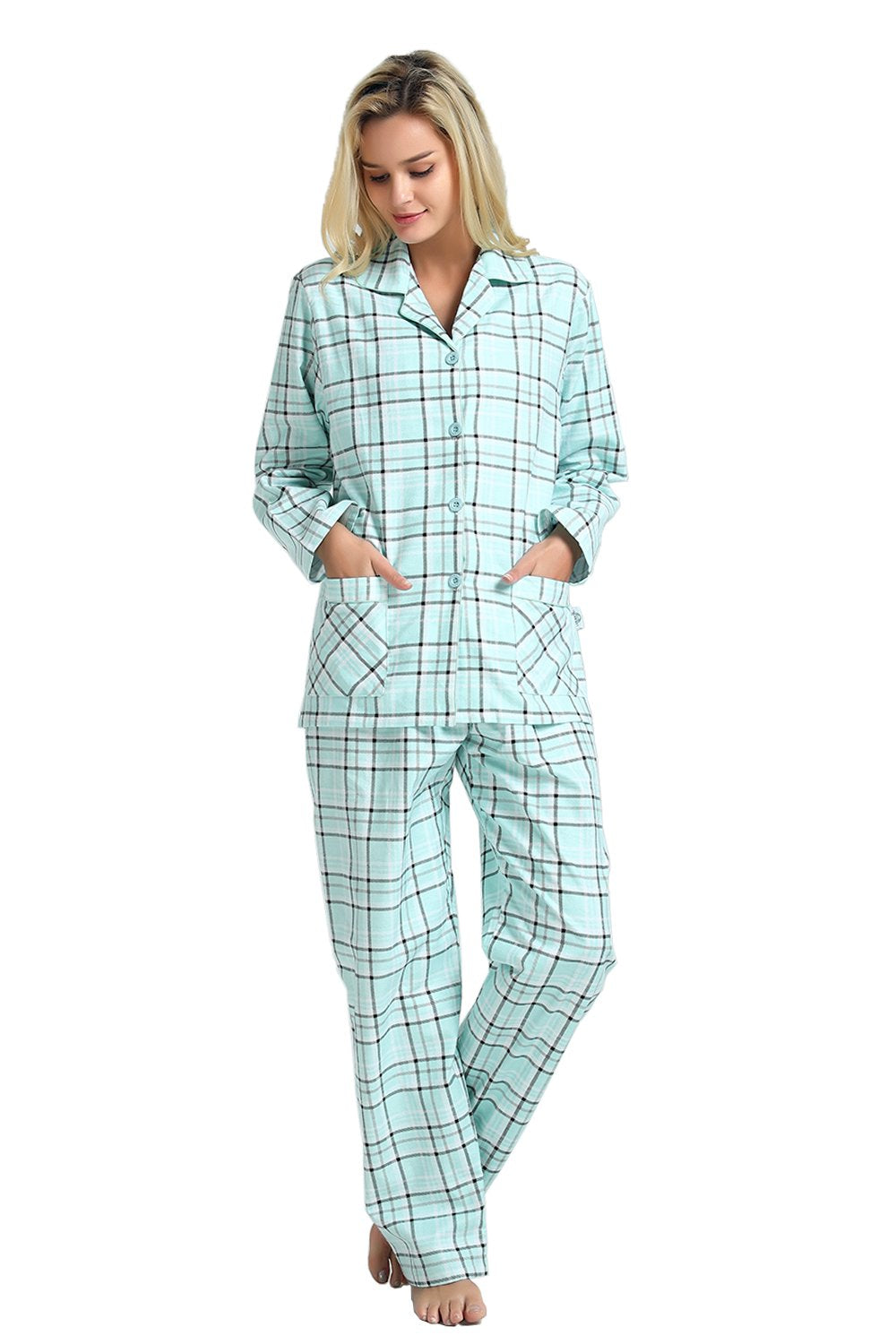 GLOBAL Women’s Flannel Pajama Set 100% Cotton Comfy PJs for Women Long Sleeve Button Front 2-Piece Warm and Cozy Sleepwear,Size S-3XL