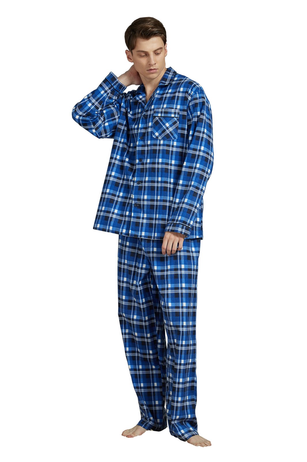Amaxer Mens Cotton Flannel Pajama Set, Long Sleeve Button‑Down Top & Elastic Waist Long Pants, Breathable Sleep Loungewear, Size XL