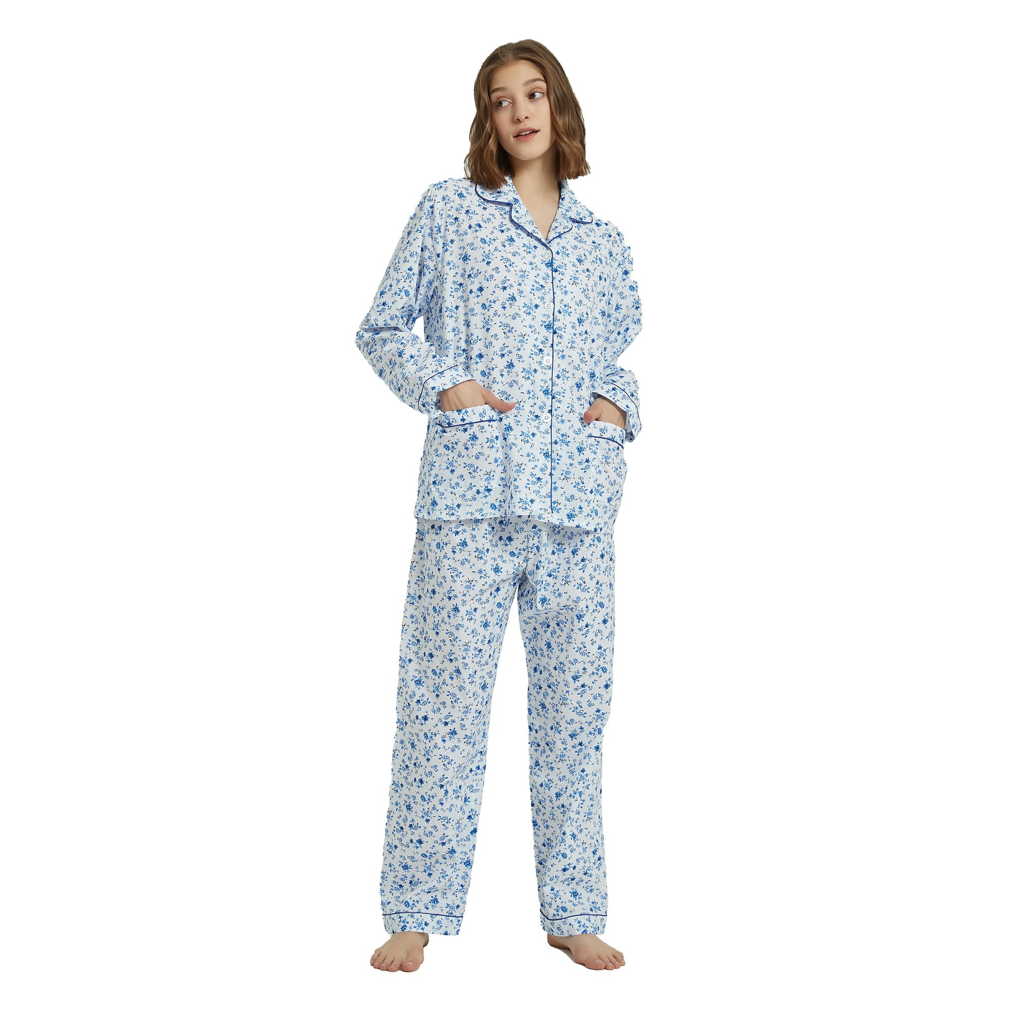 GLOBAL 100% Cotton Pajamas for Women Notch Collar Pjs Cozy Button Down Homewear with Pockets, Spring & Summer, 2-Piece, Sizes S to 3X