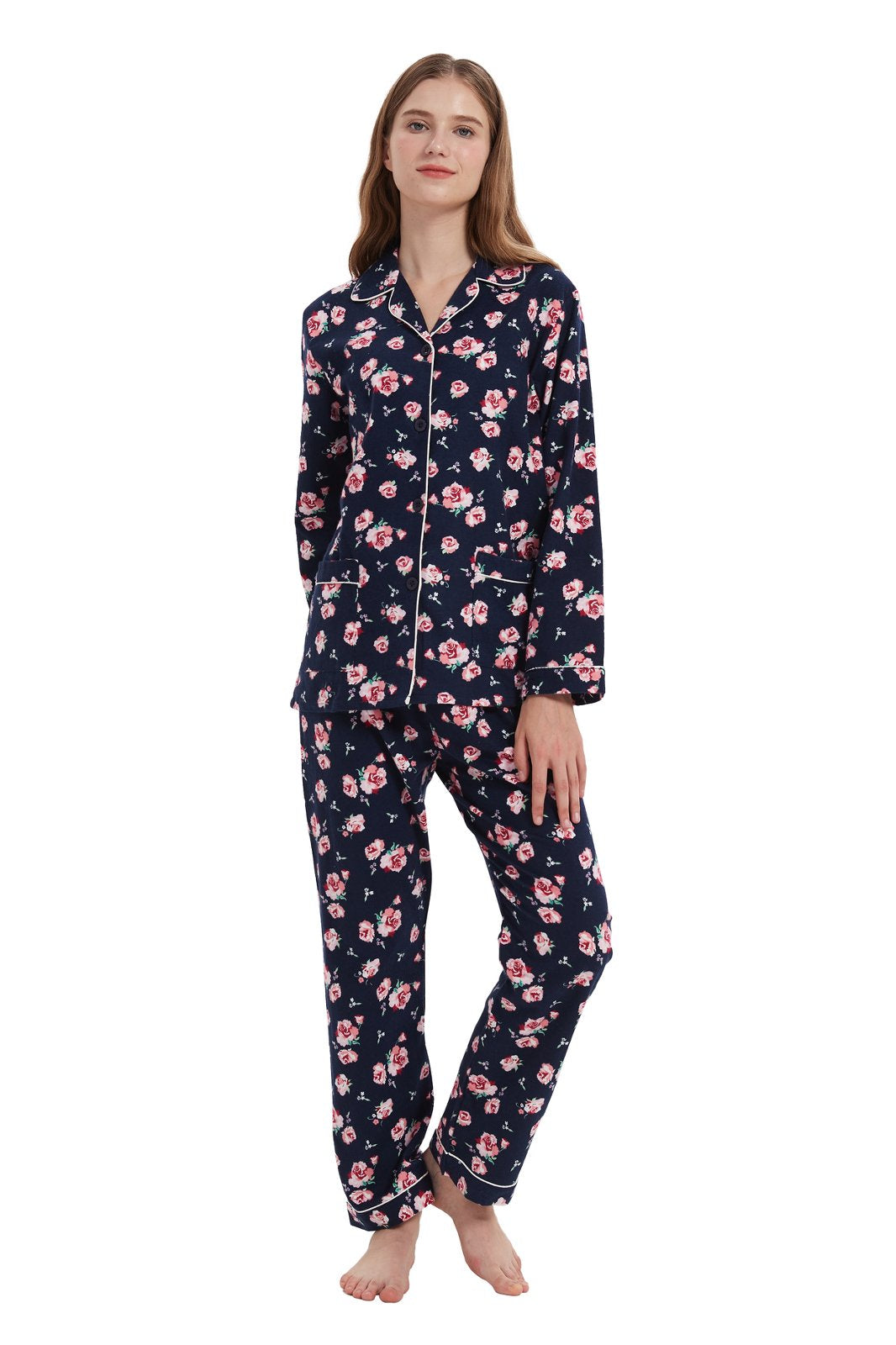 Amaxer Womens 100% Cotton Cozy Flannel Pajama Set - Long Sleeve Button-Up Top with Elastic Waist Pants, Warm & Soft Sleepwear