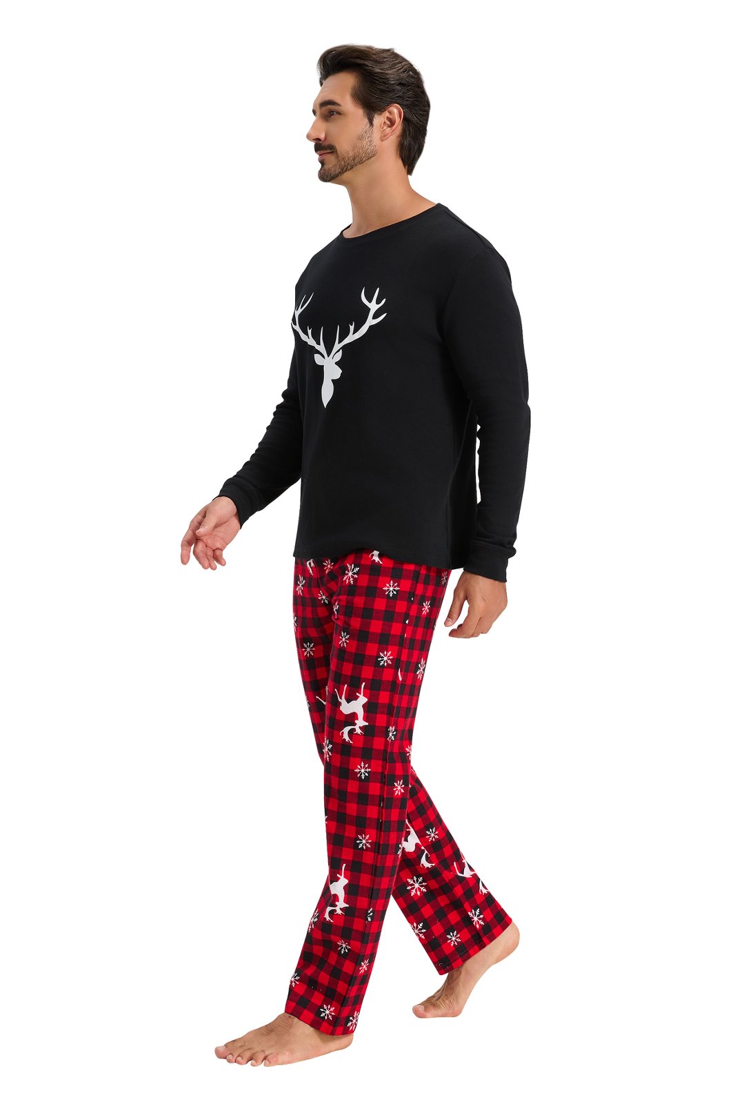 GLOBAL Men's Cotton Knit Top Flannel Pants Sleepwear Matching Pajamas for Couple Pjs for Family, Size S-3XL