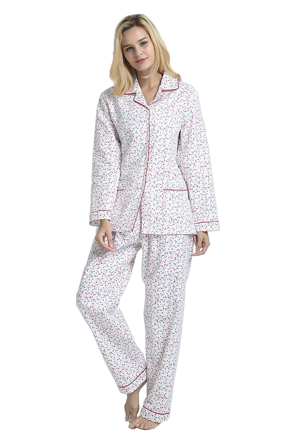 GLOBAL Womens Flannel Cotton Pajama Set Long PJs Cozy Winter Flannel Loungewear Sleepwear