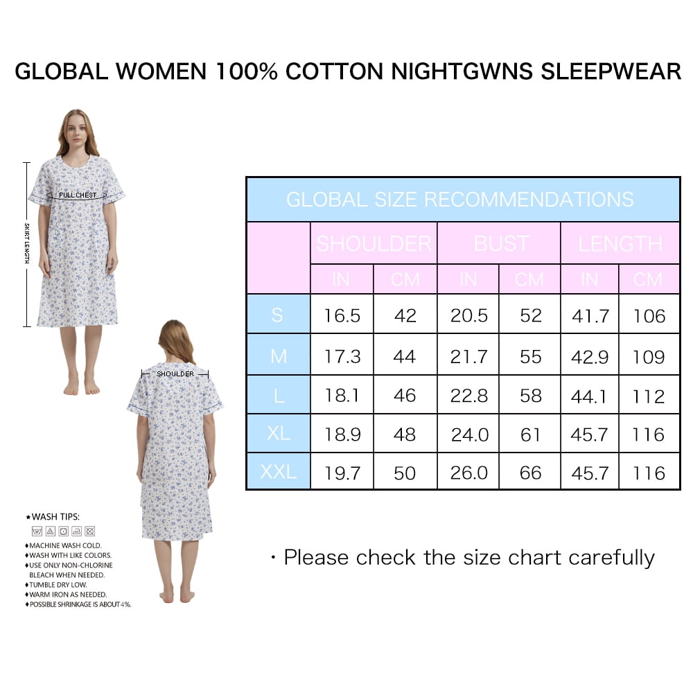 GLOBAL Womens Cotton Nightgowns Sleepwear Short Sleeve Pajama Dress Nightshirts, Sizes S to 3X