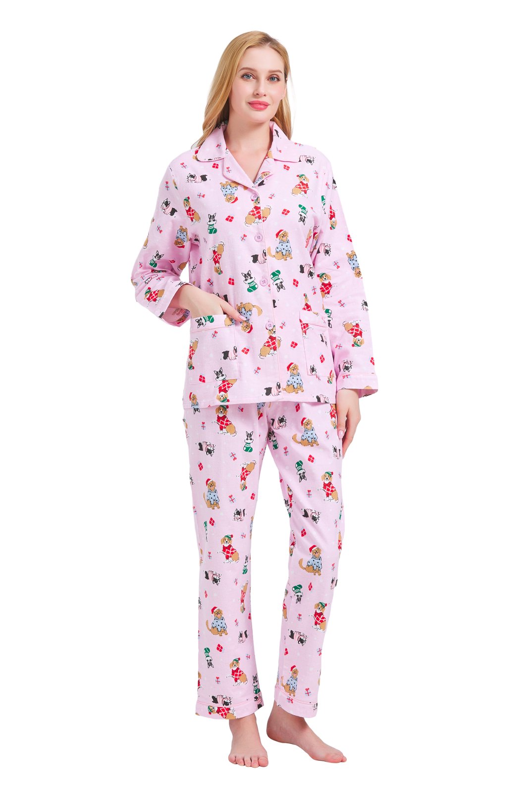 GLOBAL Womens Flannel Cotton Pajama Set Long PJs Cozy Winter Flannel Loungewear Sleepwear,Size S-3XL