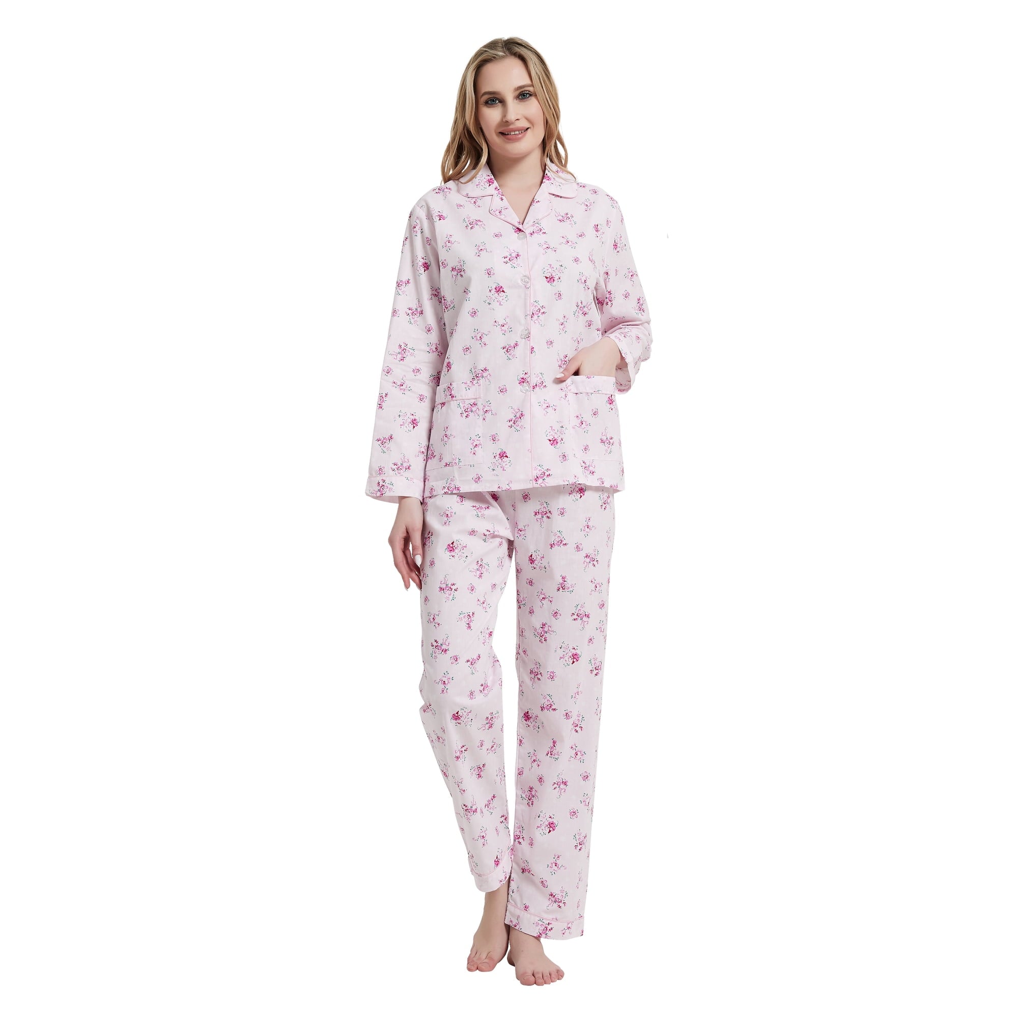 Amaxer Women's Pure Cotton Long Sleeve Notch Collar Pajama Set - Breathable Lightweight Sleepwear , Soft Loungewear for Spring and Summer & Comfort