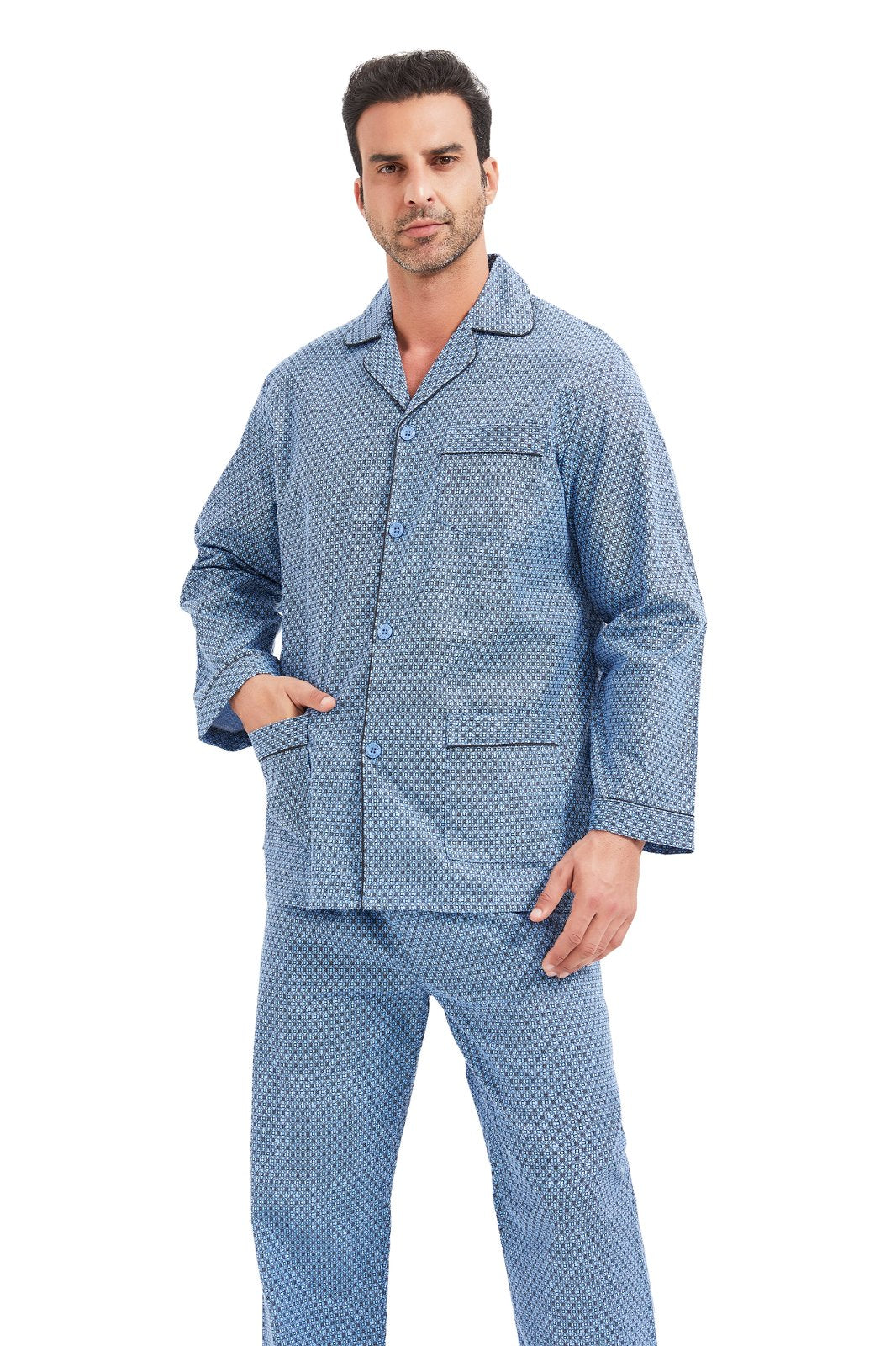 GLOBAL Men's Cotton Flannel Pajama Set, Long Sleeve Button‑Down Top & Long Pants Sleepwear, Soft Warm Loungewear, S-3XL