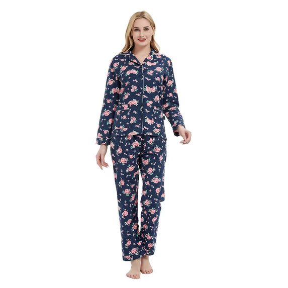 GLOBAL Womens Flannel Cotton Pajama Set Long PJs Cozy Winter Flannel Loungewear Sleepwear
