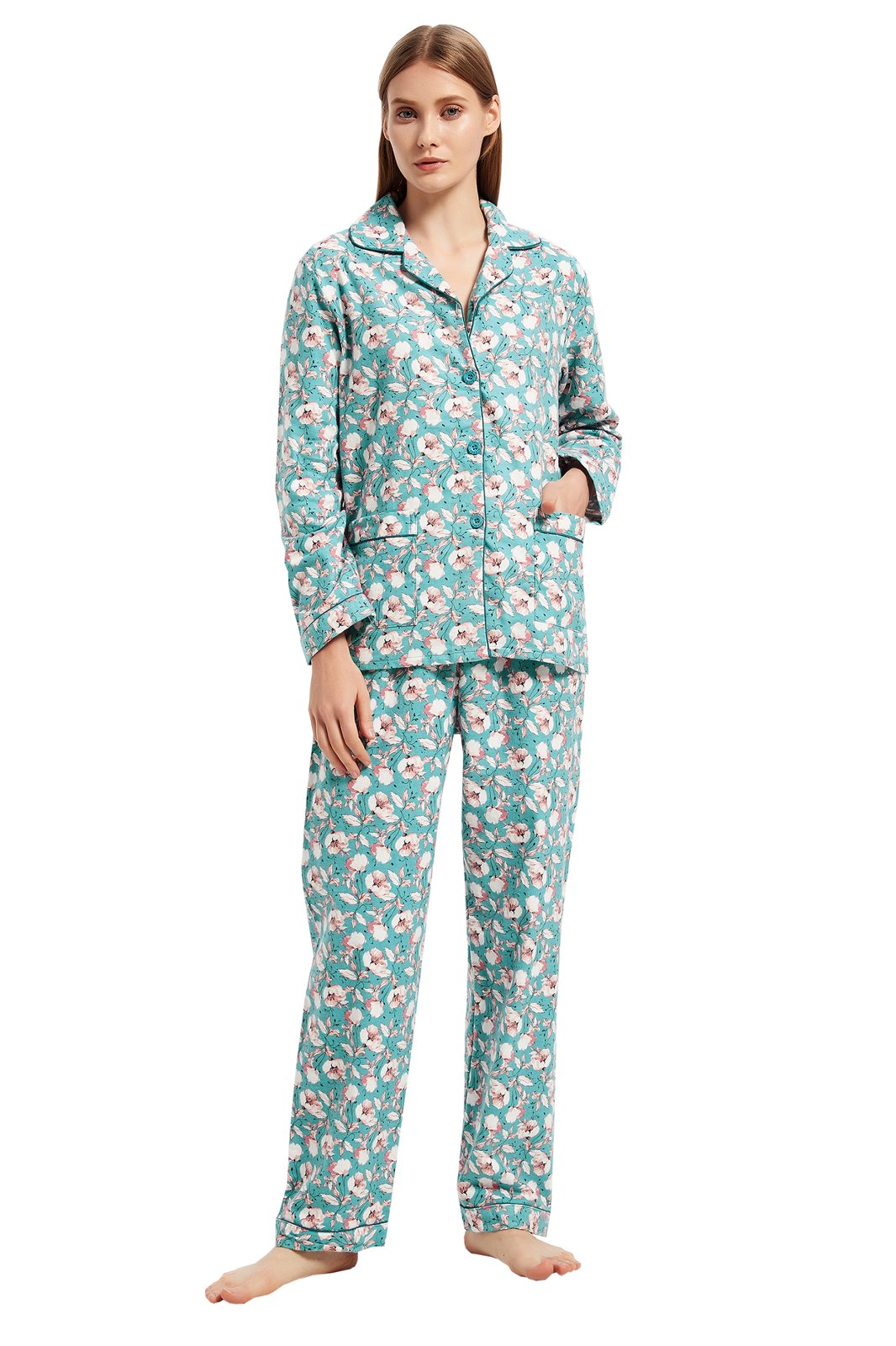GLOBAL Womens Flannel Cotton Pajama Set Long PJs Flannel Loungewear Sleepwear