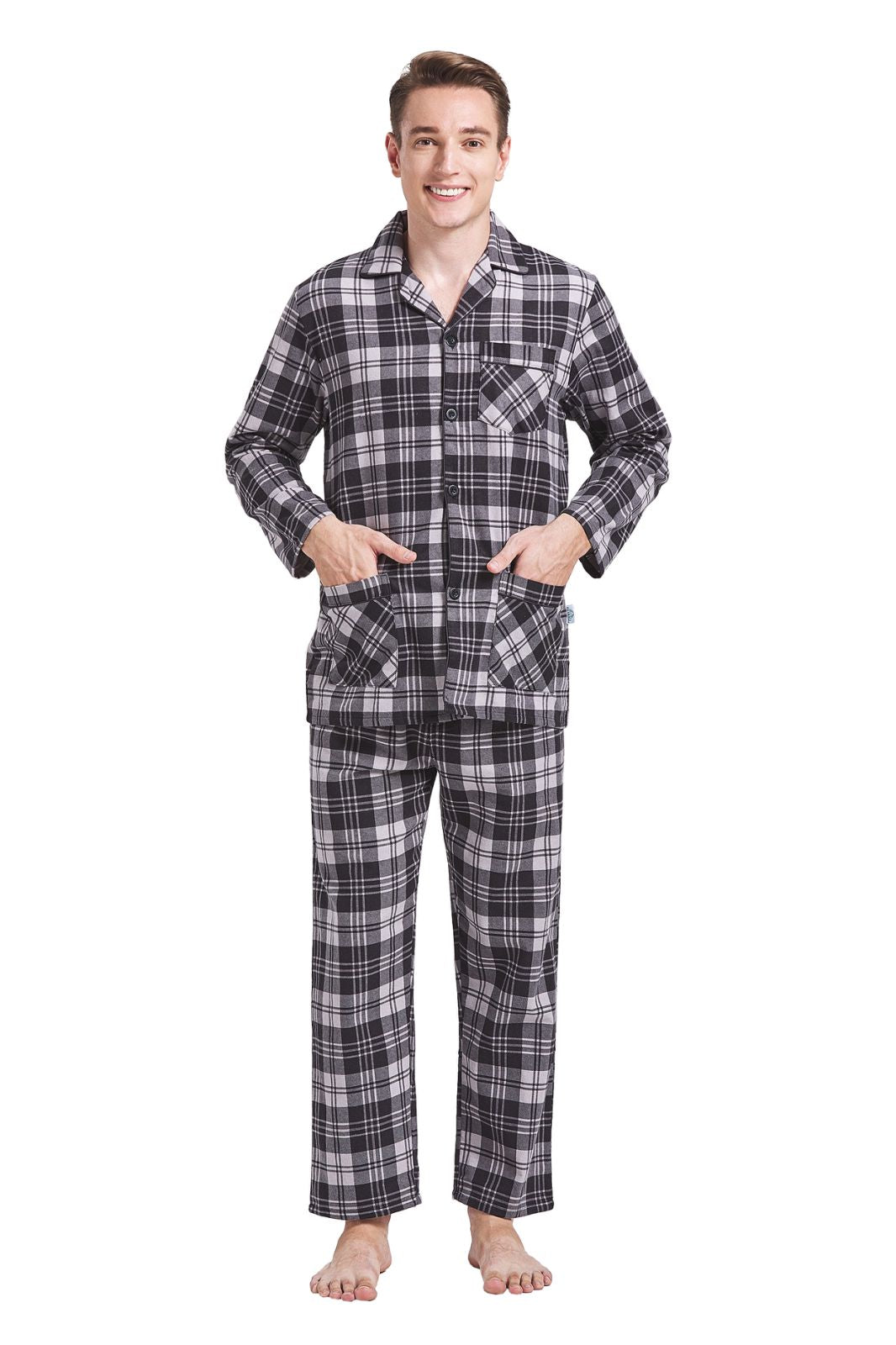GLOBAL Mens Pajamas Sets Cotton Flannel Sleepwear Long-Sleeve Top & Bottom, S-XXL