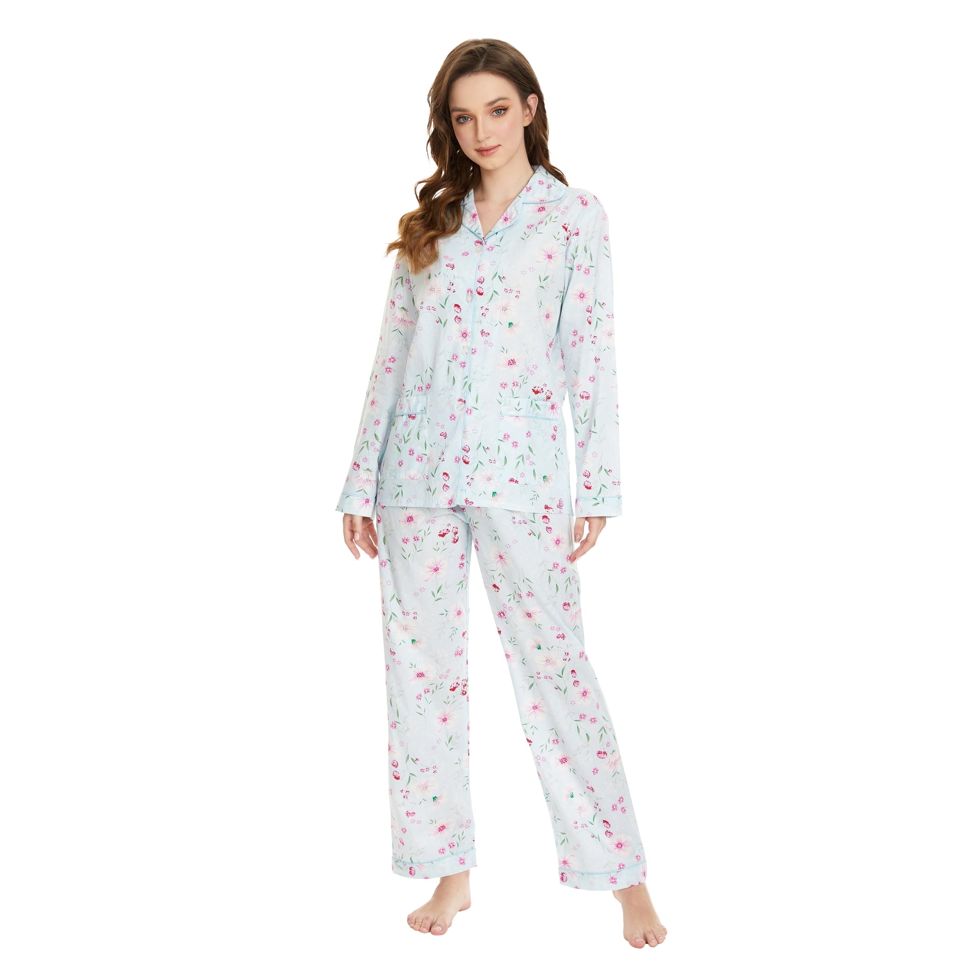 GLOBAL 100% Cotton Pajamas for Women Notch Collar Pjs Cozy Button Down Homewear with Pockets, Spring & Summer, 2-Piece, Sizes S to 3X