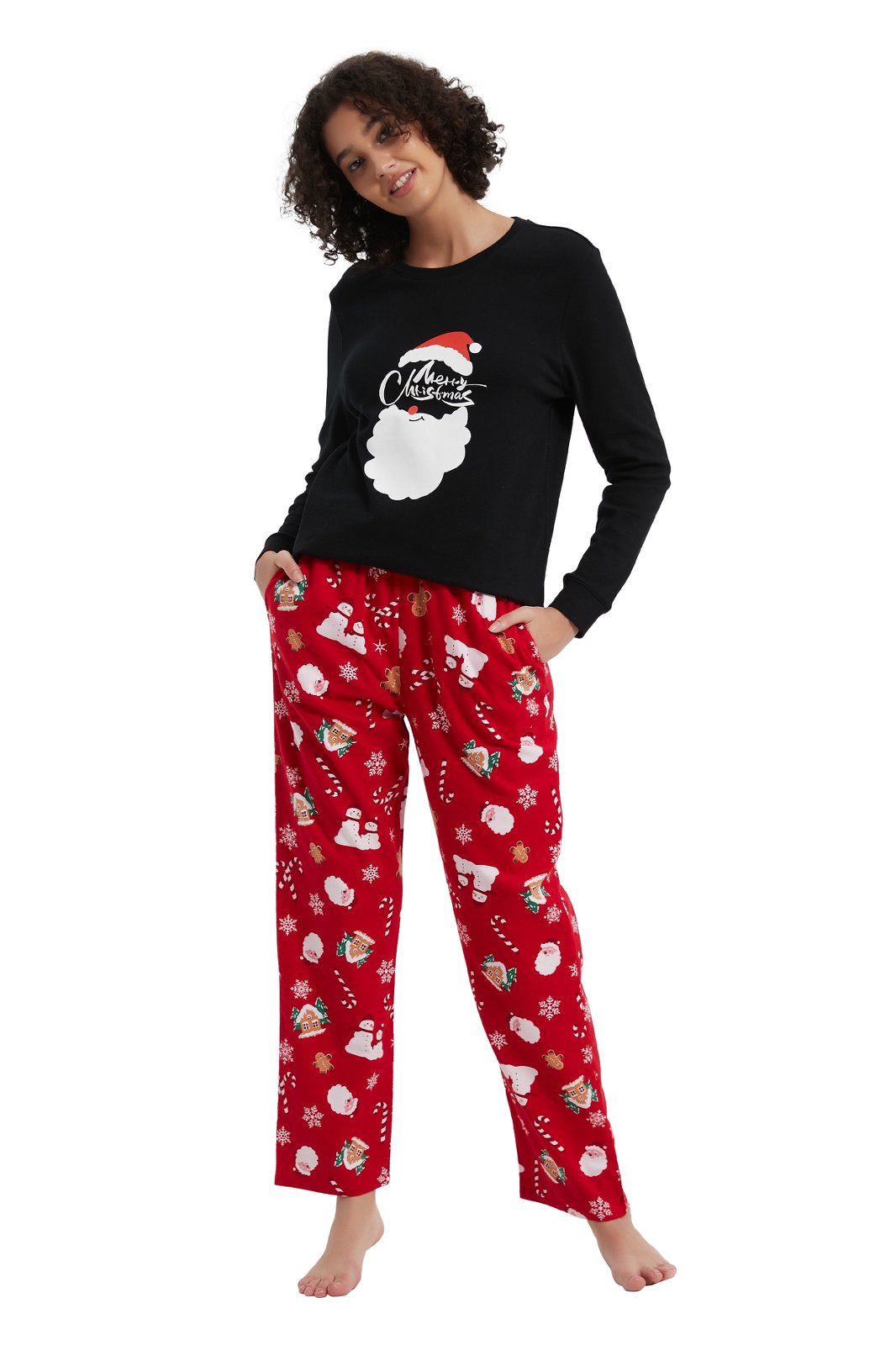 GLOBAL Women's Cotton Knit Top Flannel Pants Sleepwear Matching Pajamas for Couple Pjs for Family, Size S-3XL