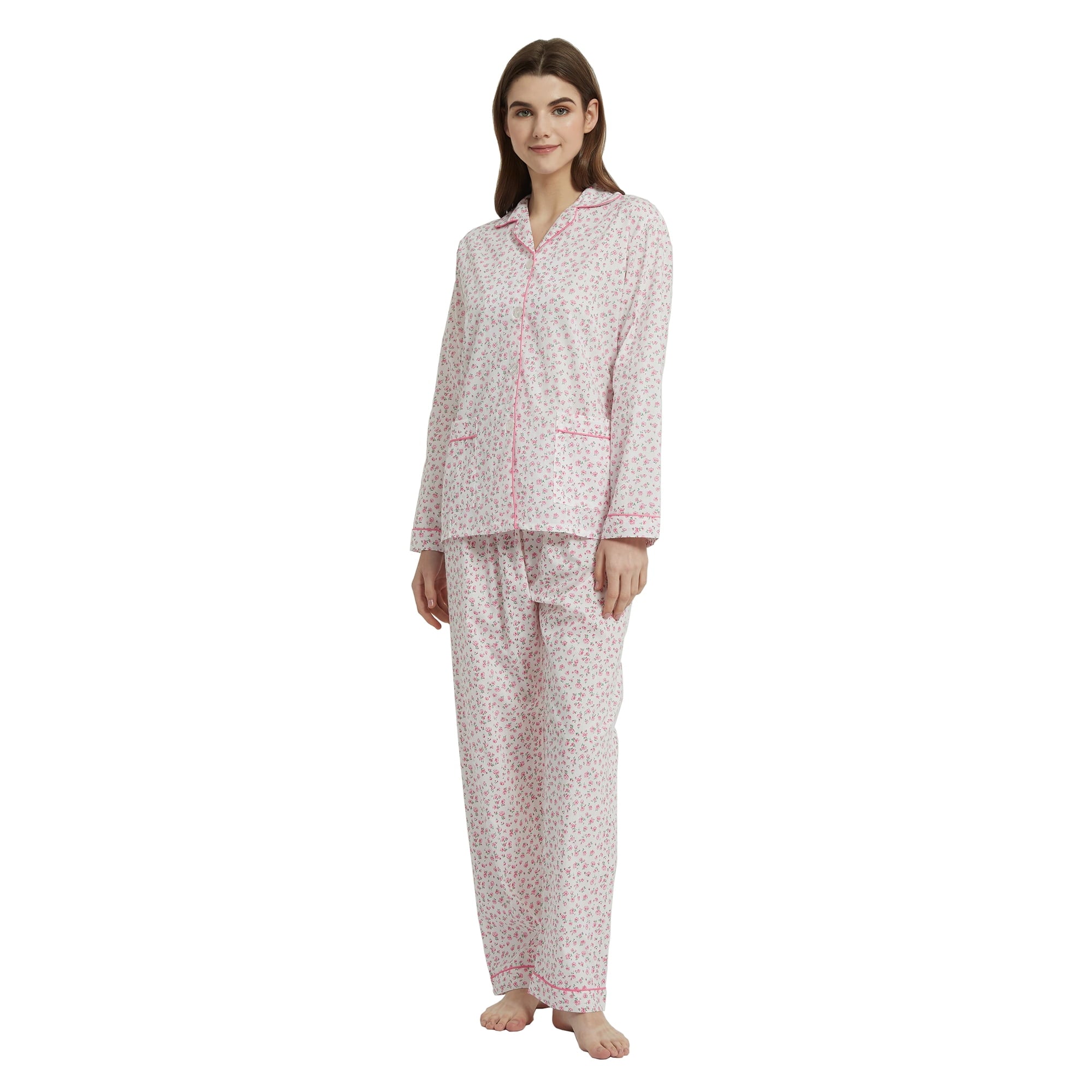 Amaxer Women's Pure Cotton Long Sleeve Notch Collar Pajama Set - Breathable Lightweight Sleepwear , Soft Loungewear for Spring and Summer & Comfort