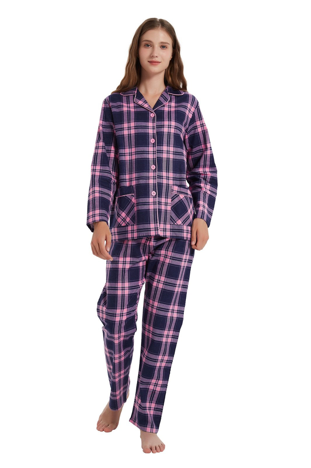 Amaxer Womens 100% Cotton Cozy Flannel Pajama Set - Long Sleeve Button-Up Top with Elastic Waist Pants, Warm & Soft Sleepwear