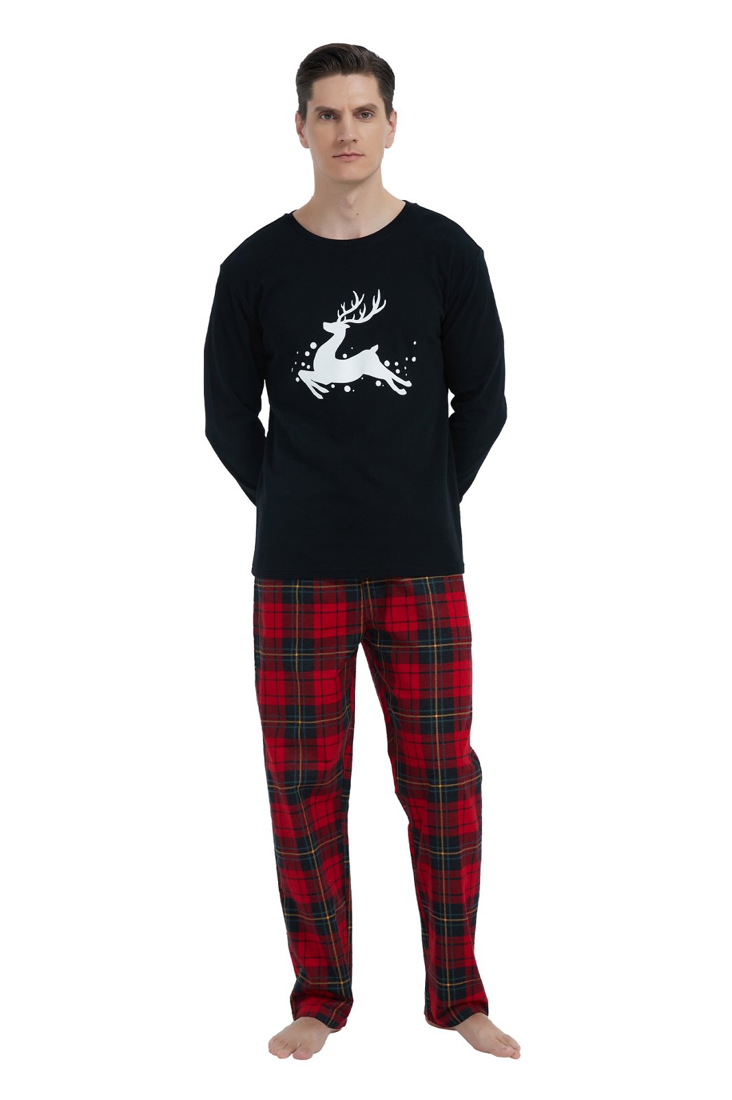 GLOBAL Men's Cotton Knit Top Flannel Pants Sleepwear Matching Pajamas for Couple Pjs for Family, Size S-3XL