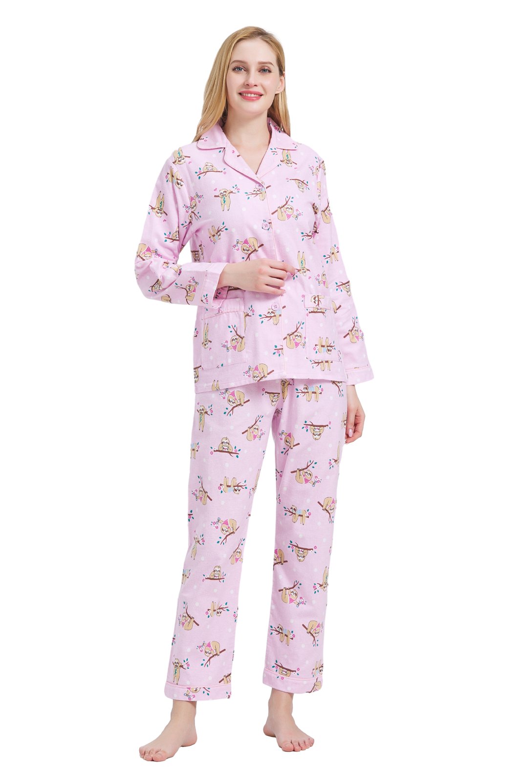 GLOBAL Womens Flannel Cotton Pajama Set Long PJs Cozy Winter Flannel Loungewear Sleepwear,Size S-3XL