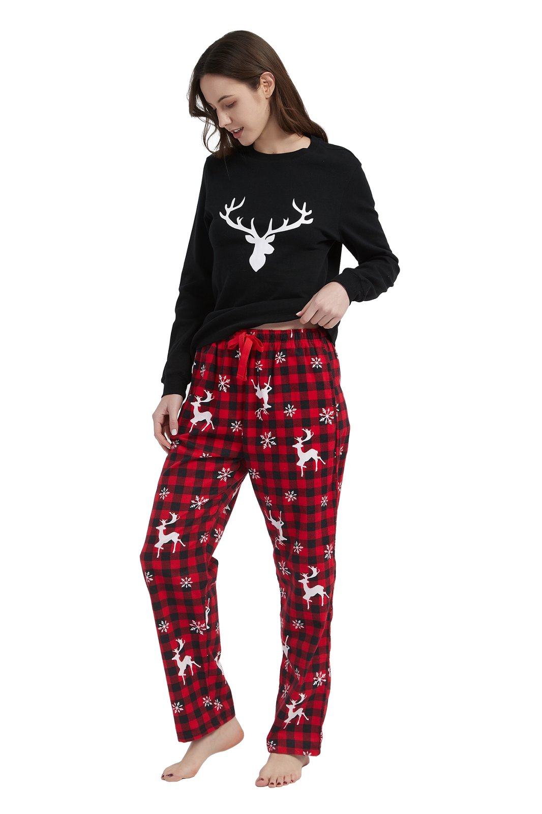 GLOBAL Women's Cotton Knit Top Flannel Pants Sleepwear Matching Pajamas for Couple Pjs for Family, Size S-3XL
