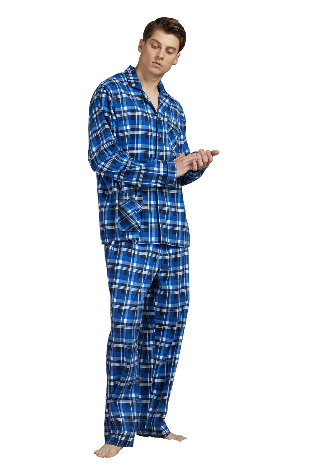 Amaxer Mens Cotton Flannel Pajama Set, Long Sleeve Button‑Down Top & Elastic Waist Long Pants, Breathable Sleep Loungewear, Size XL