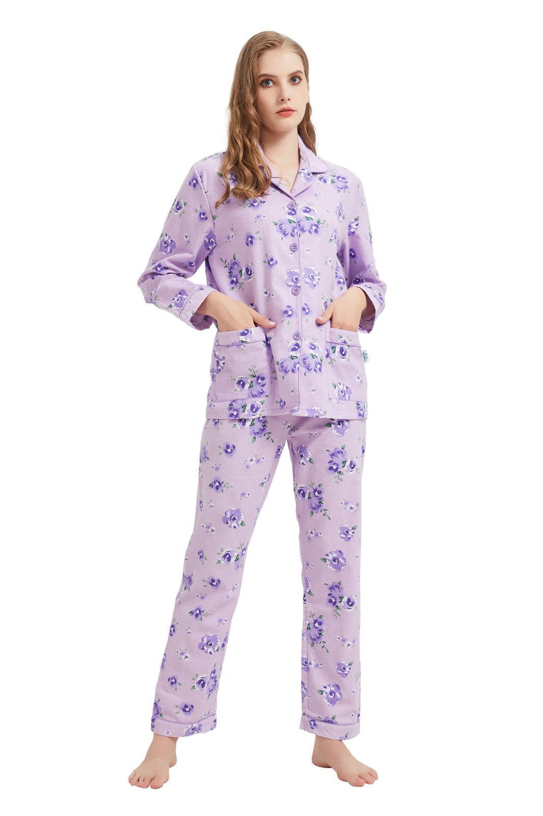 GLOBAL Womens Flannel Cotton Pajama Set Long PJs Flannel Loungewear Sleepwear,Size S-3XL