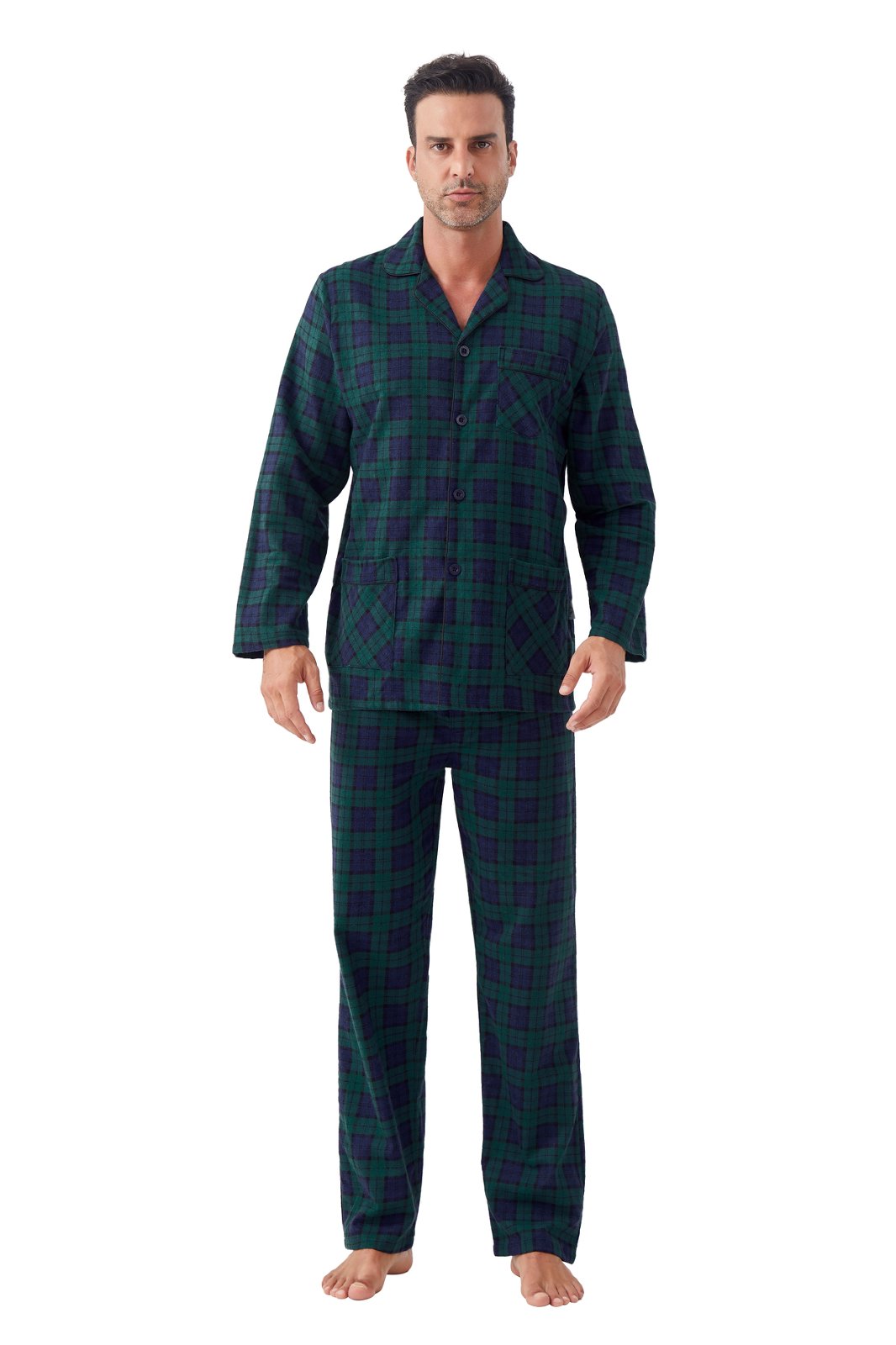 GLOBAL Men's Cotton Flannel Pajama Set, Long Sleeve Button‑Down Top & Long Pants Sleepwear, Soft Warm Loungewear, S-3XL