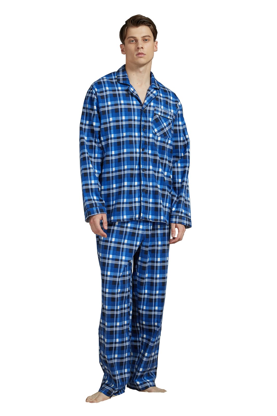 Amaxer Mens Cotton Flannel Pajama Set, Long Sleeve Button‑Down Top & Elastic Waist Long Pants, Breathable Sleep Loungewear, Size XL