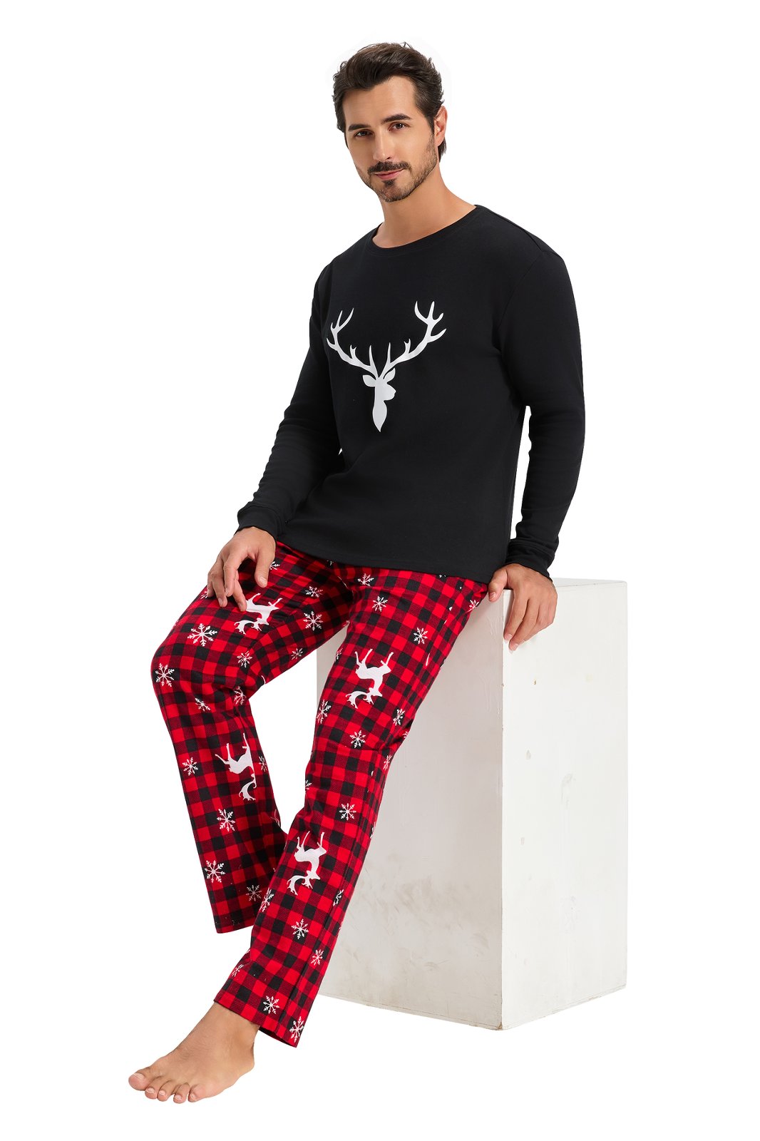 GLOBAL Men's Cotton Knit Top Flannel Pants Sleepwear Matching Pajamas for Couple Pjs for Family, Size S-3XL