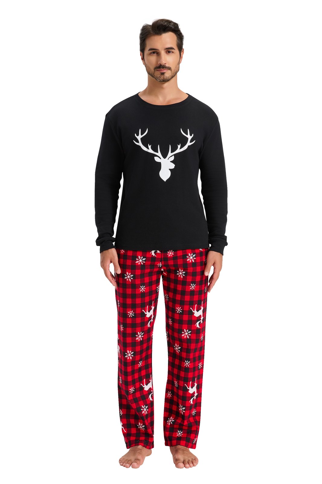 GLOBAL Men's Cotton Knit Top Flannel Pants Sleepwear Matching Pajamas for Couple Pjs for Family, Size S-3XL