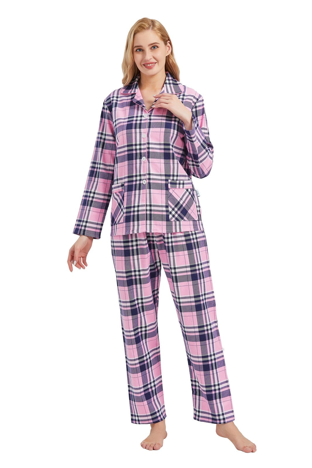 GLOBAL Women’s Flannel Pajama Set 100% Cotton Comfy PJs for Women Long Sleeve Button Front 2-Piece Warm and Cozy Sleepwear