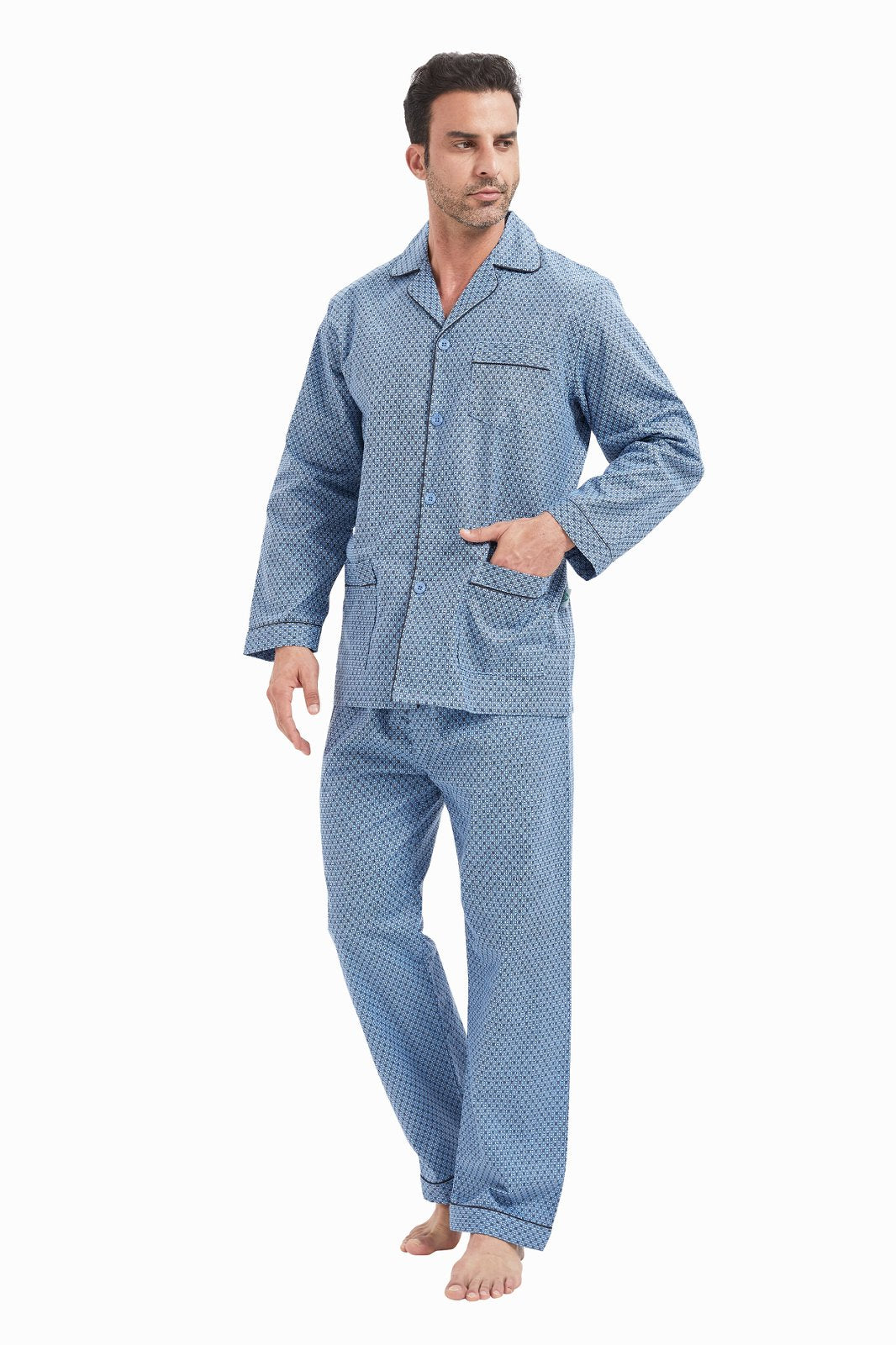 GLOBAL Men's Cotton Flannel Pajama Set, Long Sleeve Button‑Down Top & Long Pants Sleepwear, Soft Warm Loungewear, S-3XL