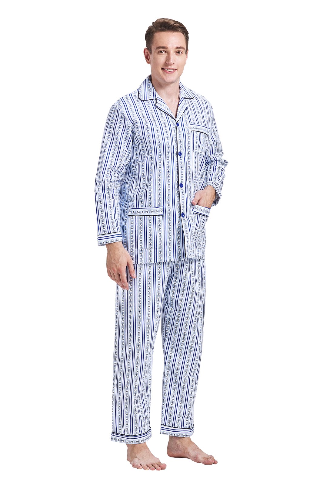 GLOBAL Men's Cotton Flannel Pajama Set, Long Sleeve Button‑Down Top & Long Pants Sleepwear, Soft Warm Loungewear, S-3XL