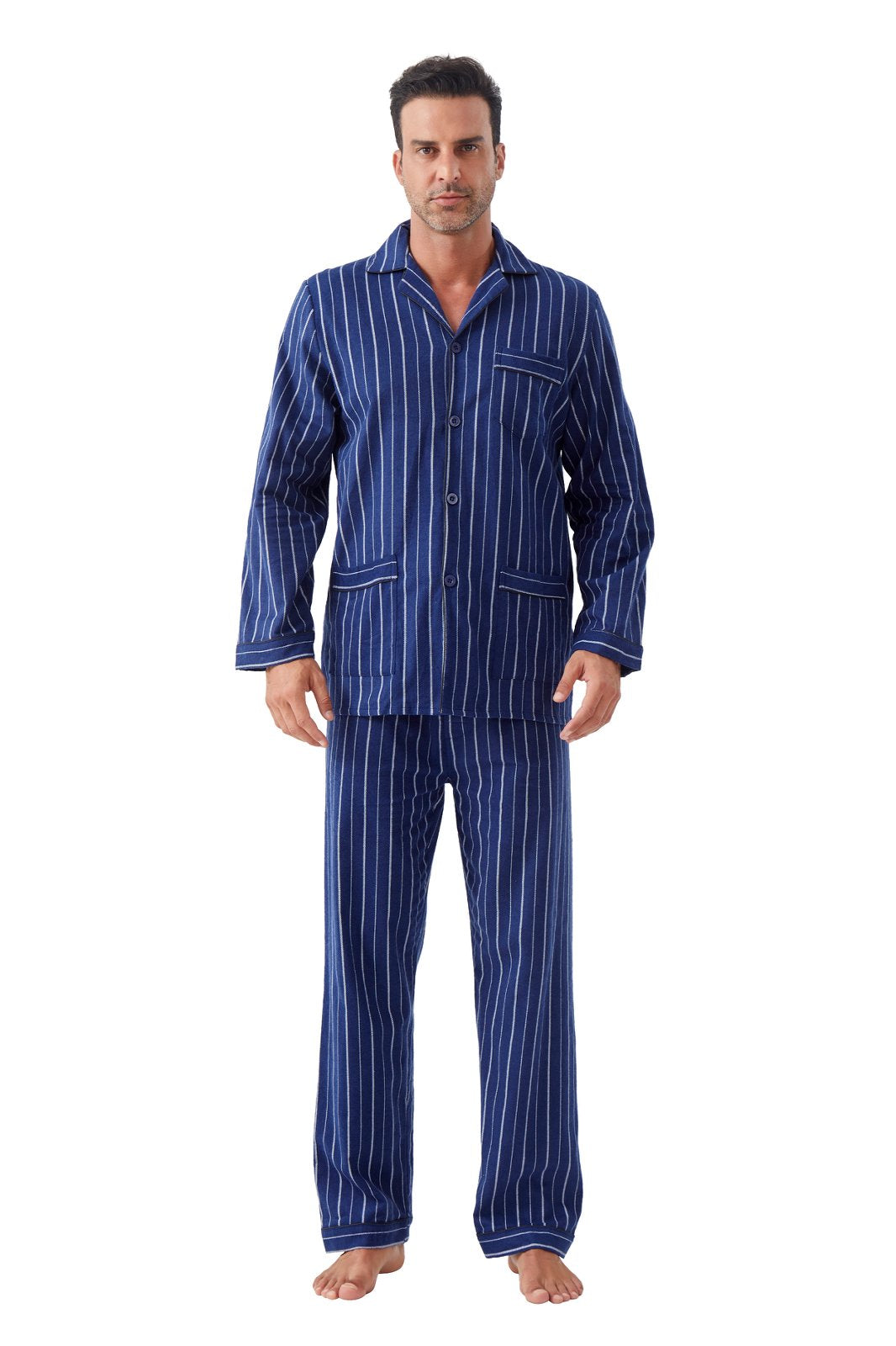 GLOBAL Men's Cotton Flannel Pajama Set, Long Sleeve Button‑Down Top & Long Pants Sleepwear, Soft Warm Loungewear, S-3XL