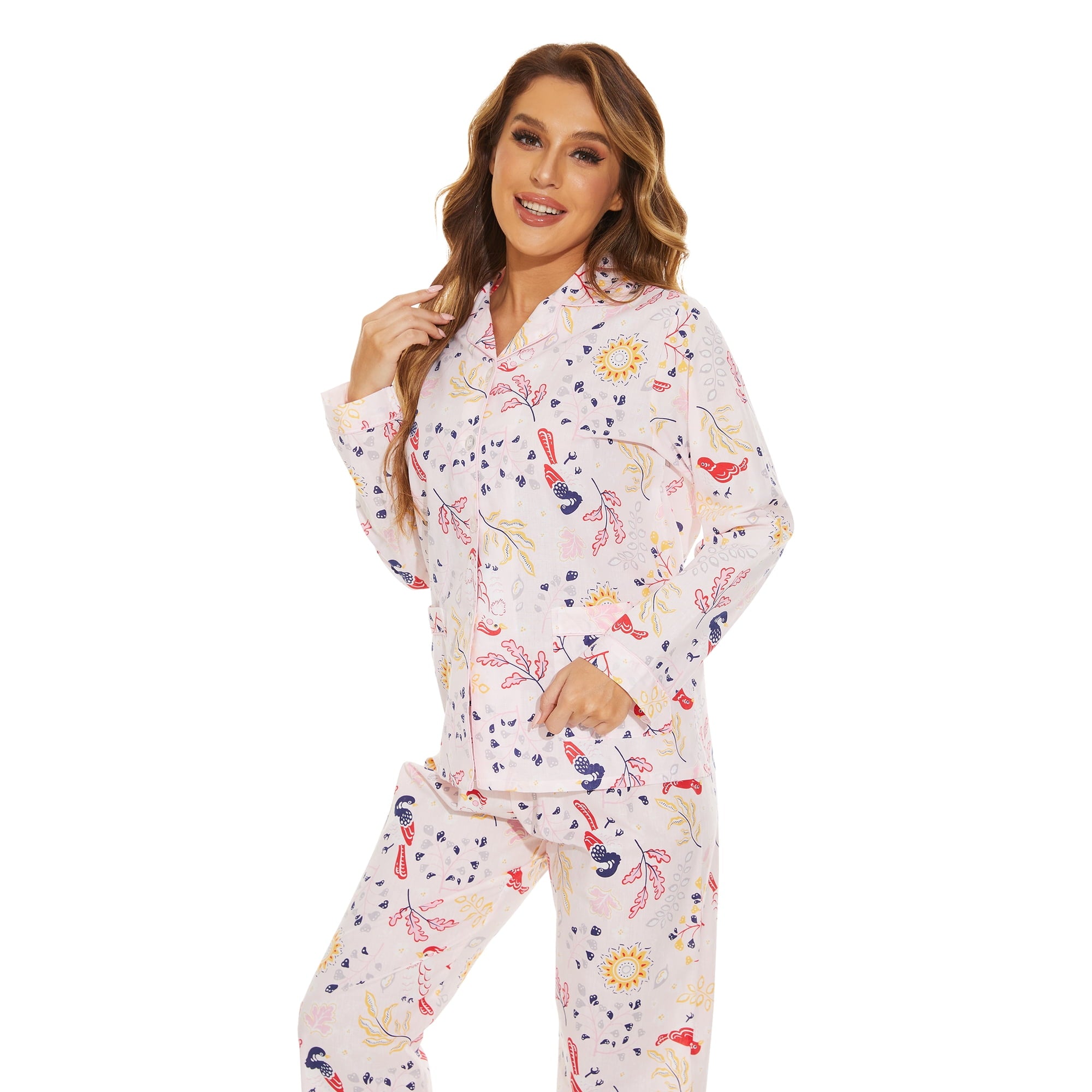 GLOBAL 100% Cotton Pajamas for Women Notch Collar Pjs Cozy Button Down Homewear with Pockets, Spring & Summer, 2-Piece, Sizes S to 3X
