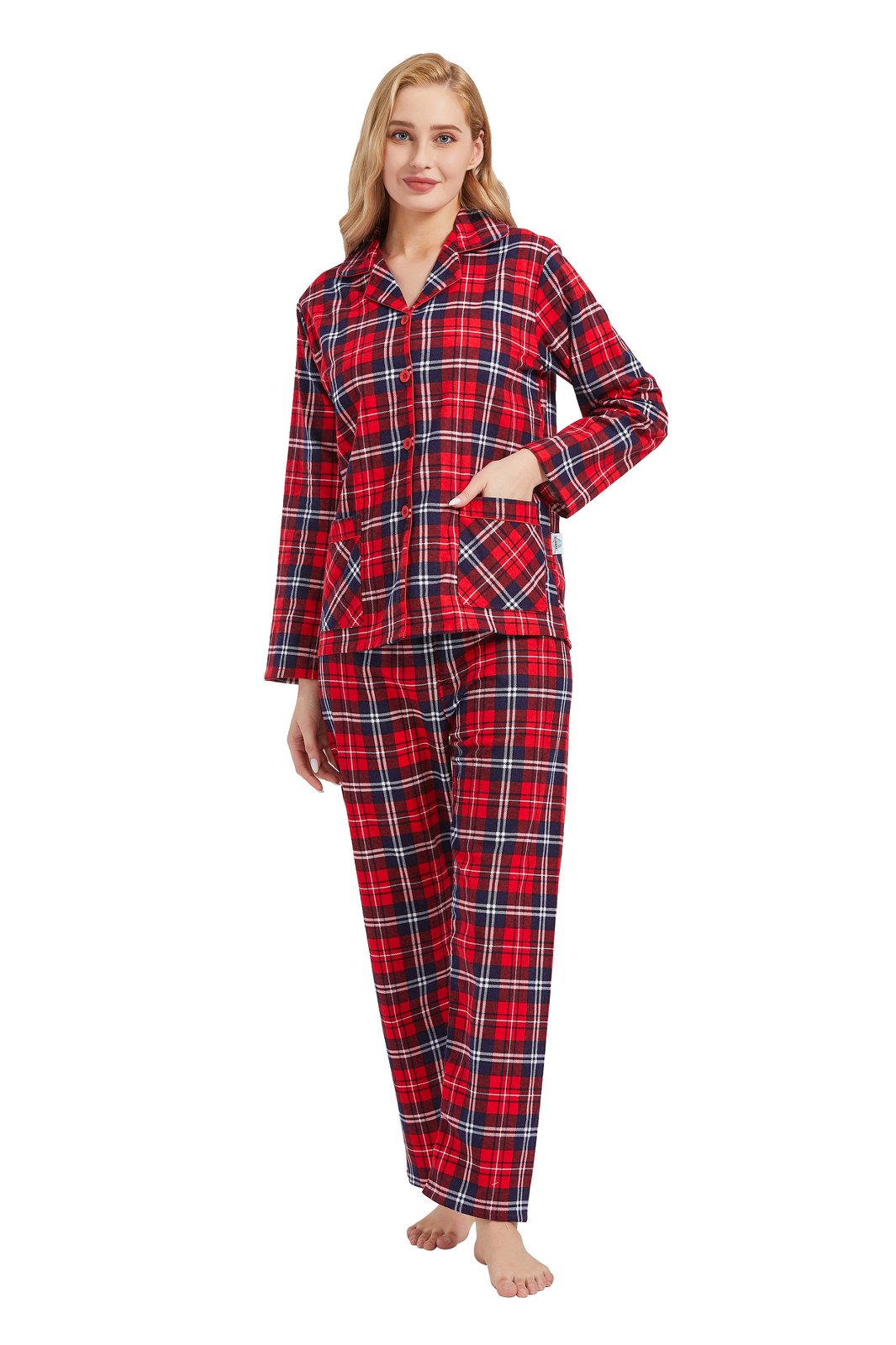 GLOBAL Womens Cotton Flannel Pajama Set - Cozy Winter 2-Piece Loungewear with Button-Down Top & Pants