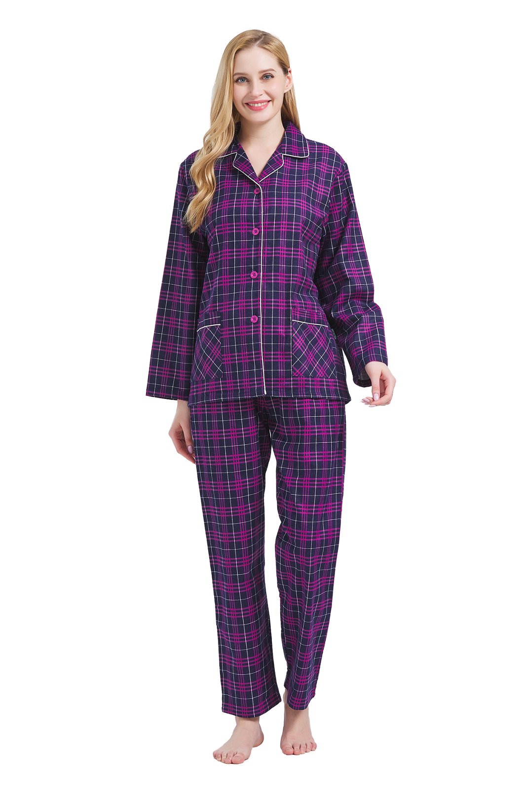 GLOBAL Womens Cotton Flannel Pajama Set - Cozy Winter 2-Piece Loungewear with Button-Down Top & Pants, Size S-3XL