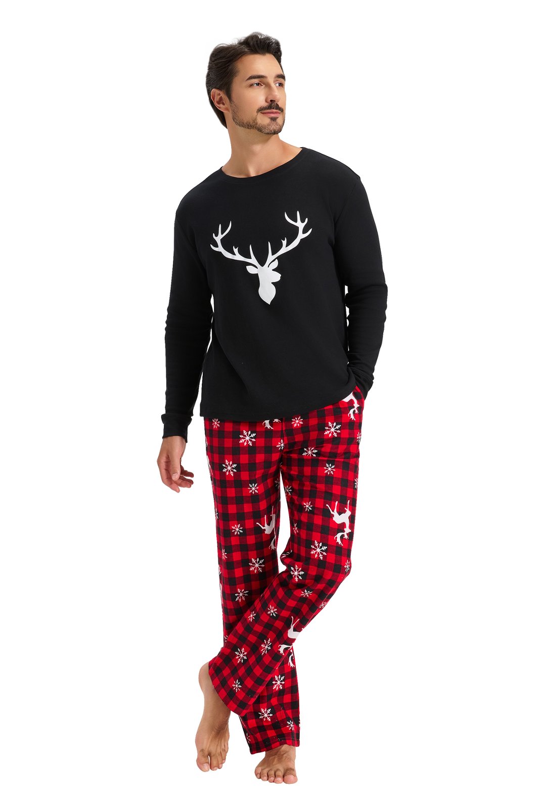 GLOBAL Men's Cotton Knit Top Flannel Pants Sleepwear Matching Pajamas for Couple Pjs for Family, Size S-3XL