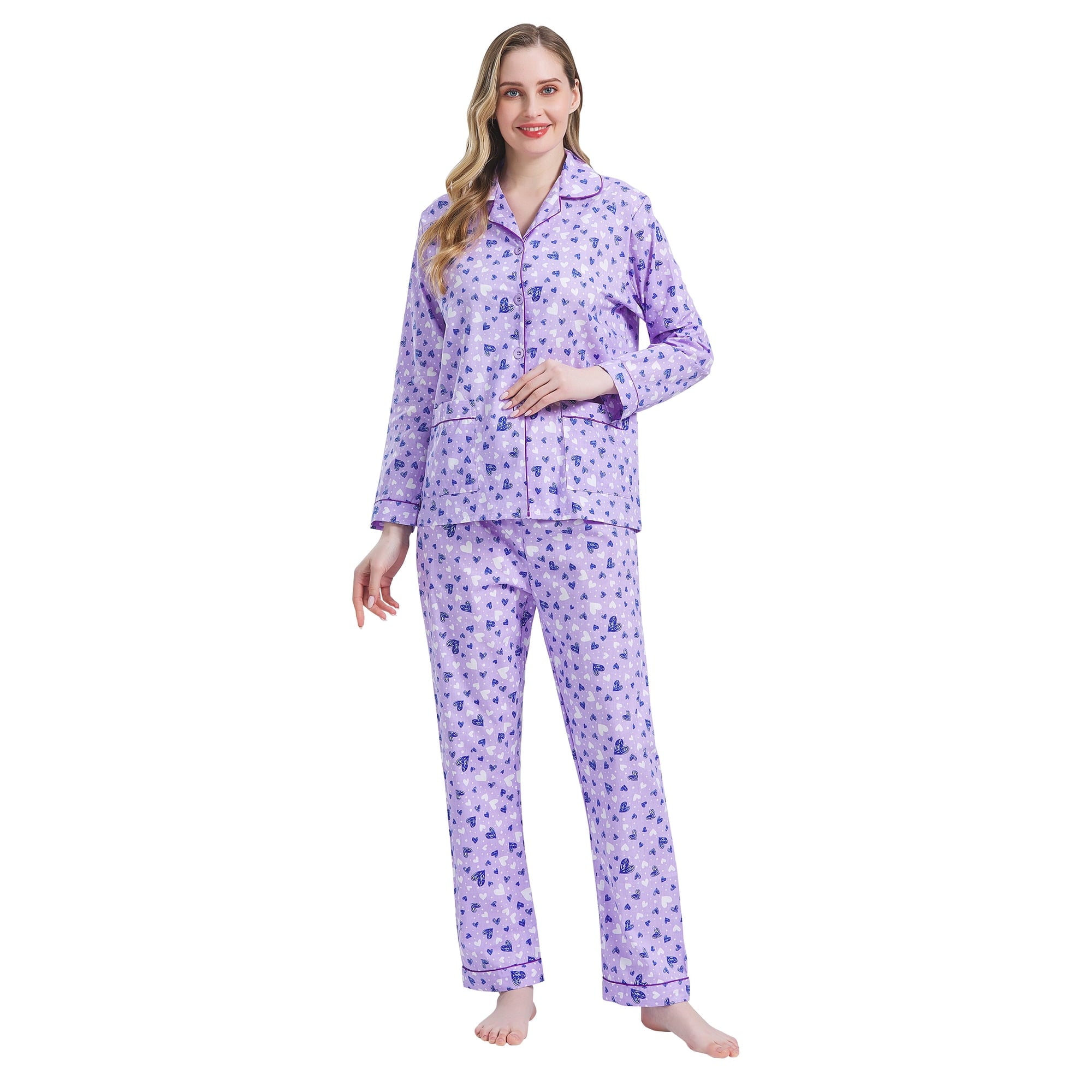Amaxer Women's Pure Cotton Long Sleeve Notch Collar Pajama Set - Breathable Lightweight Sleepwear , Soft Loungewear for Spring and Summer & Comfort