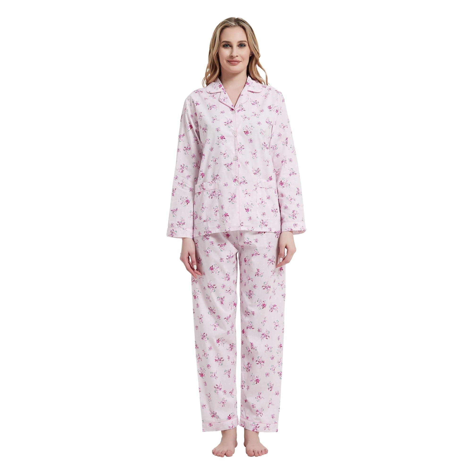 Amaxer Women's Pure Cotton Long Sleeve Notch Collar Pajama Set - Breathable Lightweight Sleepwear , Soft Loungewear for Spring and Summer & Comfort