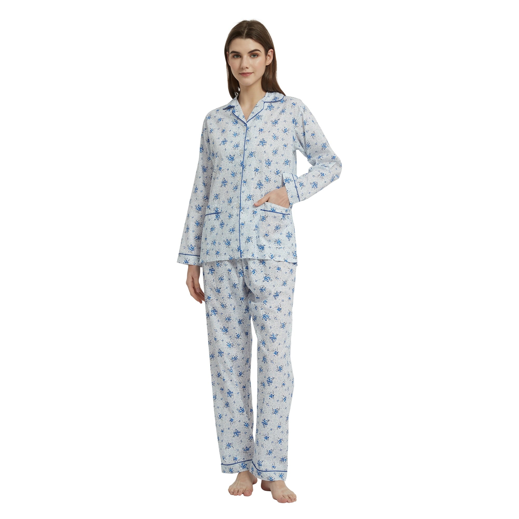 Amaxer Women's Pure Cotton Long Sleeve Notch Collar Pajama Set - Breathable Lightweight Sleepwear , Soft Loungewear for Spring and Summer & Comfort