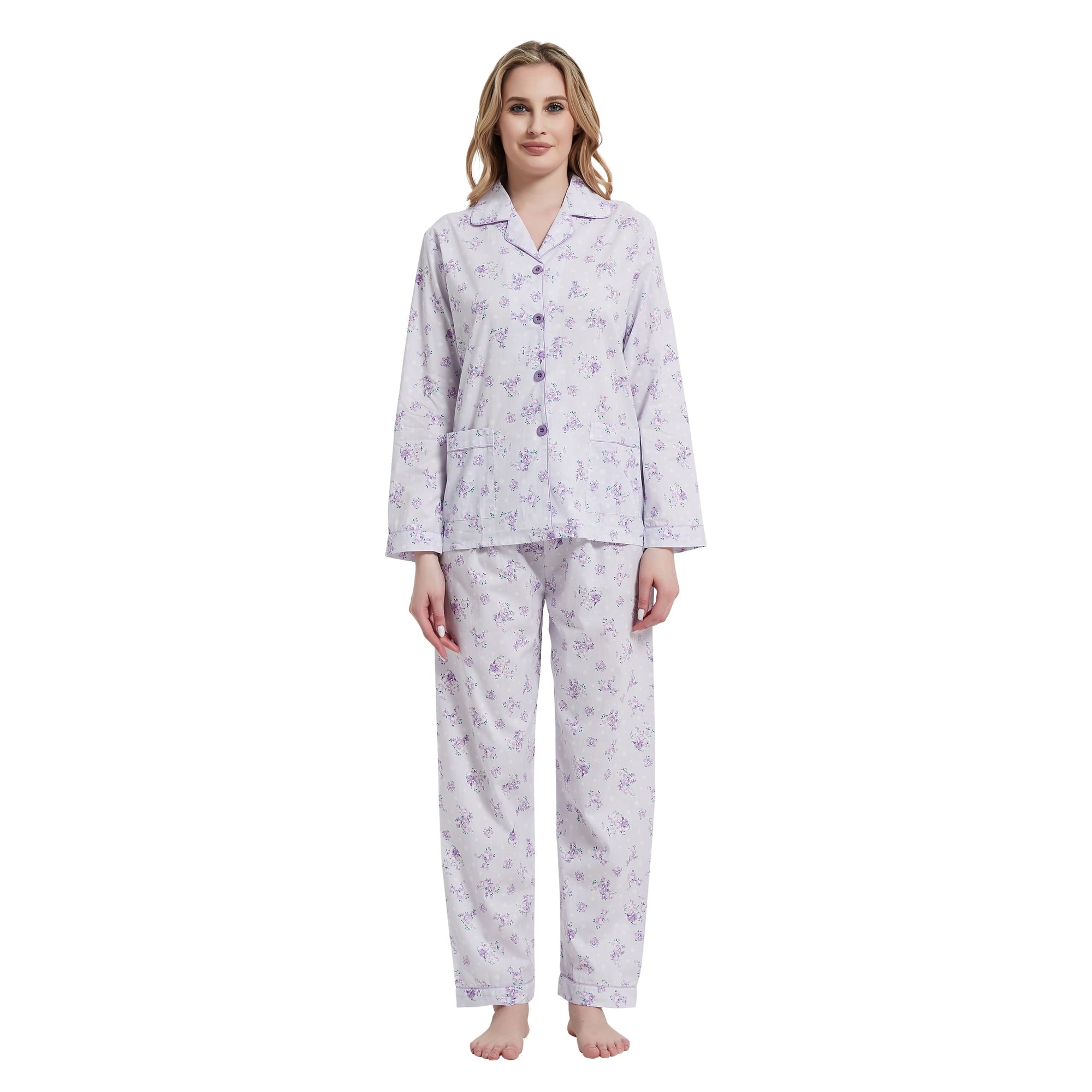 Amaxer Women's Pure Cotton Long Sleeve Notch Collar Pajama Set - Breathable Lightweight Sleepwear , Soft Loungewear for Spring and Summer & Comfort