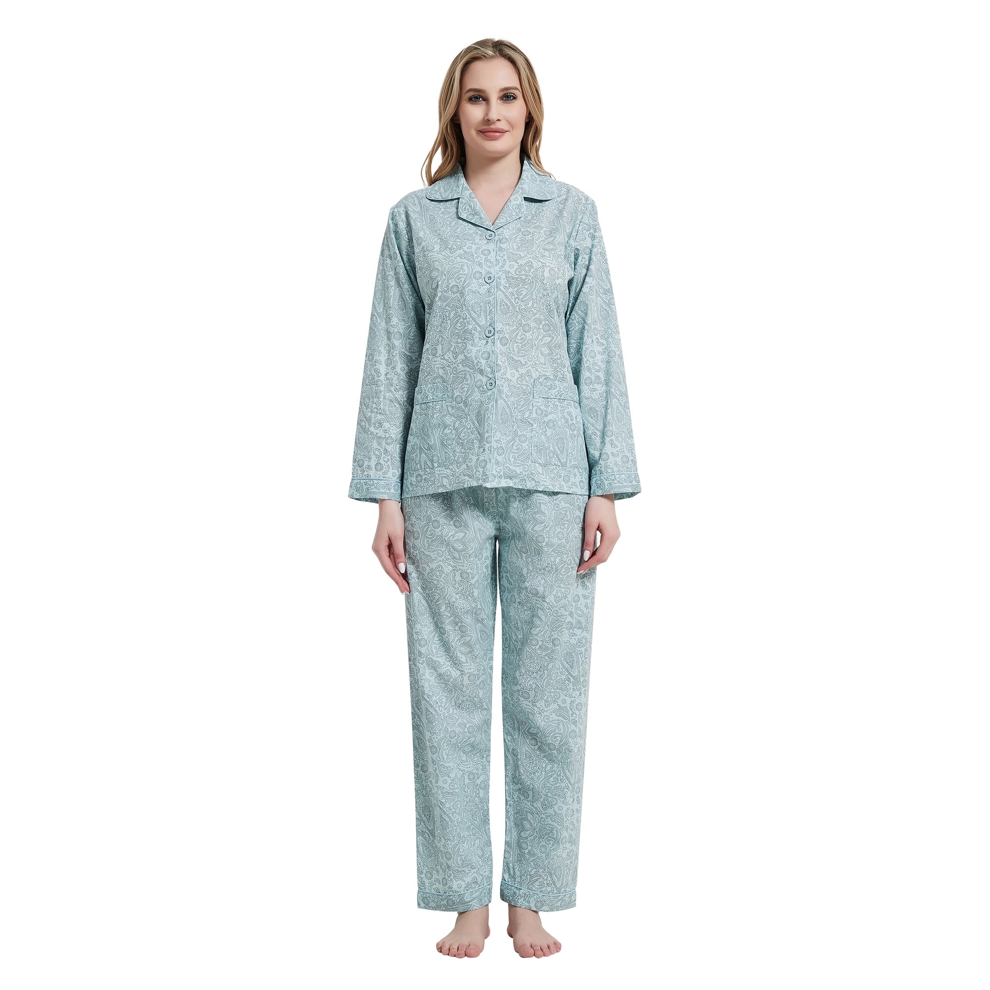 Amaxer Women's Pure Cotton Long Sleeve Notch Collar Pajama Set - Breathable Lightweight Sleepwear , Soft Loungewear for Spring and Summer & Comfort