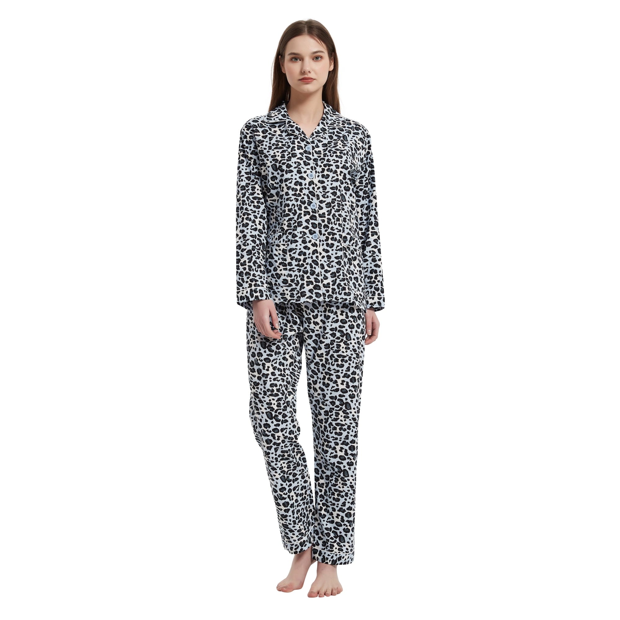 Amaxer Women's Pure Cotton Long Sleeve Notch Collar Pajama Set - Breathable Lightweight Sleepwear , Soft Loungewear for Spring and Summer & Comfort
