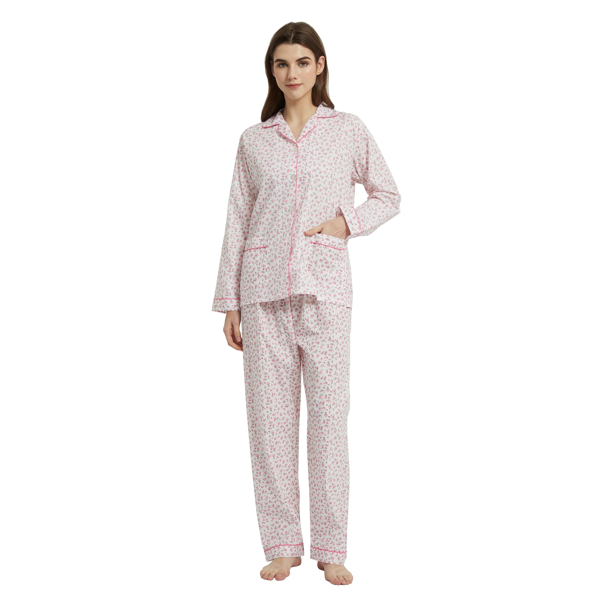 Amaxer Women's Pure Cotton Long Sleeve Notch Collar Pajama Set - Breathable Lightweight Sleepwear , Soft Loungewear for Spring and Summer & Comfort