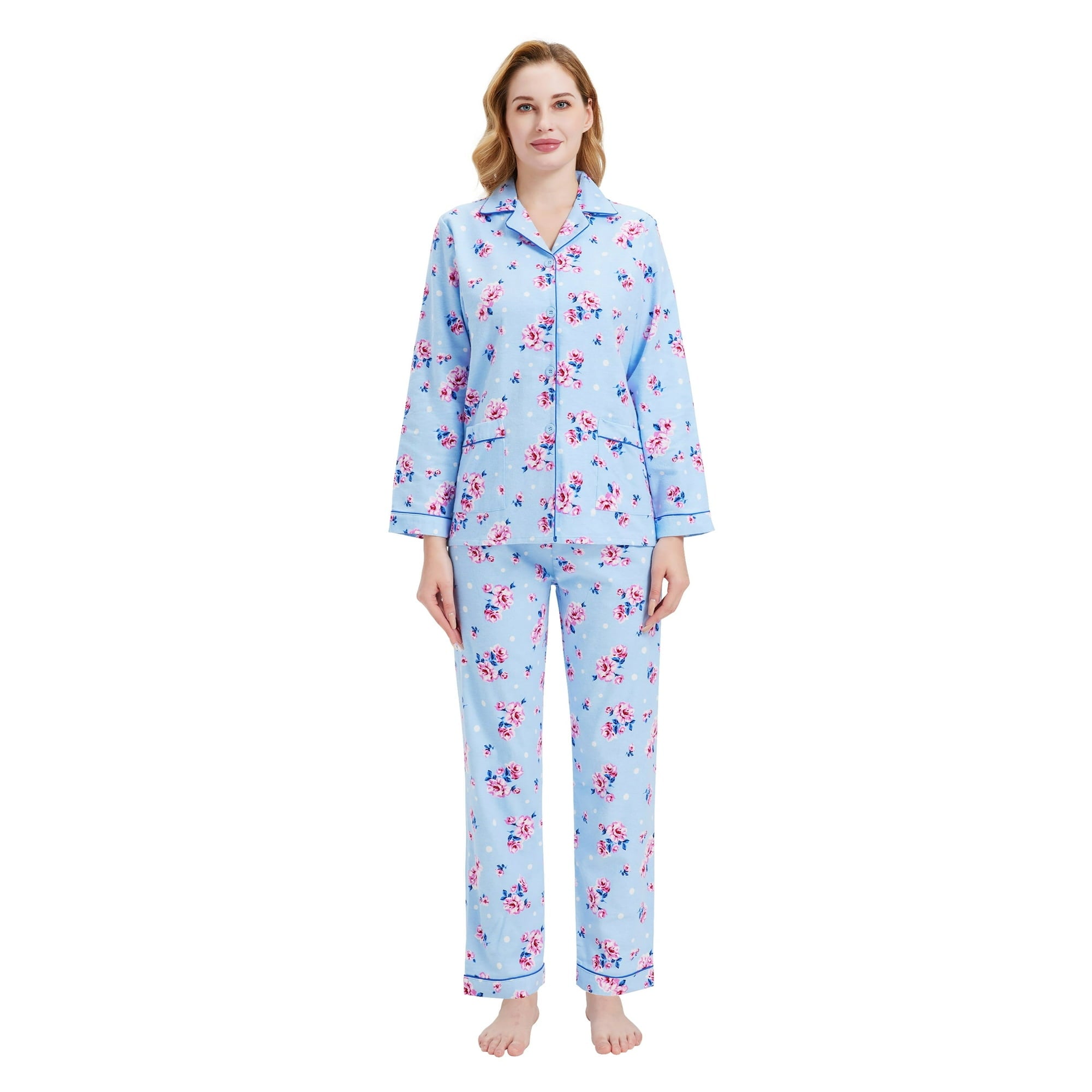 GLOBAL 100% Cotton Comfy Flannel Pajamas for Women 2-Piece Warm and Cozy Pj Set of Loungewear Button Front Top Pants