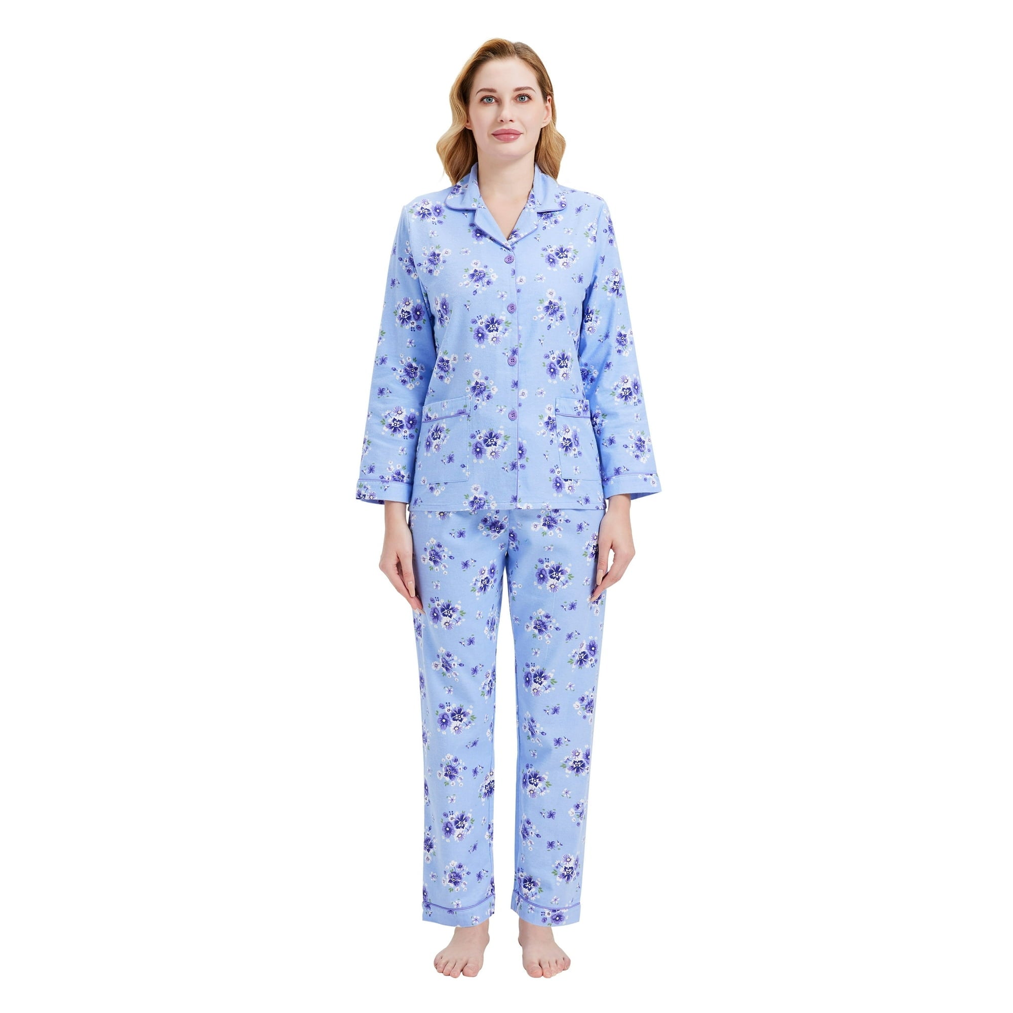 GLOBAL 100% Cotton Comfy Flannel Pajamas for Women 2-Piece Warm and Cozy Pj Set of Loungewear Button Front Top Pants