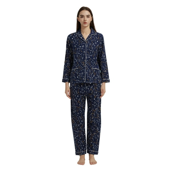 GLOBAL 100% Cotton Comfy Flannel Pajamas for Women 2-Piece Warm and Cozy Pj Set of Loungewear Button Front Top Pants