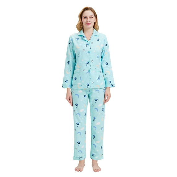GLOBAL 100% Cotton Comfy Flannel Pajamas for Women 2-Piece Warm and Cozy Pj Set of Loungewear Button Front Top Pants