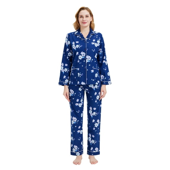 GLOBAL 100% Cotton Comfy Flannel Pajamas for Women 2-Piece Warm and Cozy Pj Set of Loungewear Button Front Top Pants